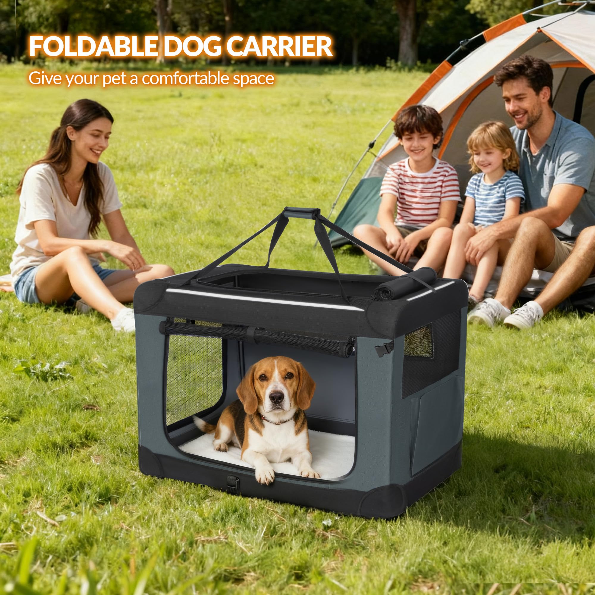 Transportín para Perros a 3 Puertas, 76,2 x 53,4 x 53,4cm, Gris | Transportín Portátil y Transpirable para Mascotas, Ribetes Reflectantes y Bolsillo Tasca, Uso en Interiores y Exteriores