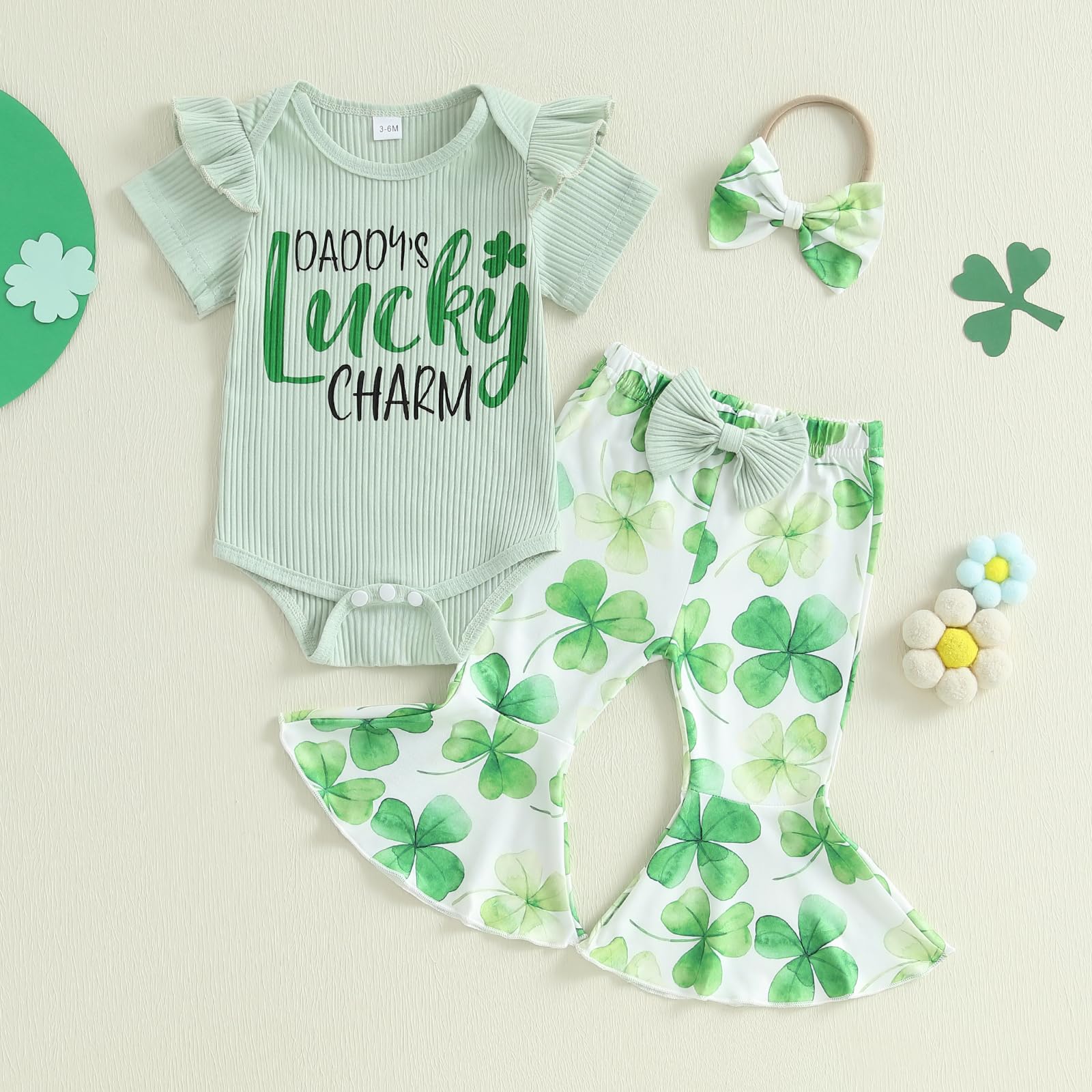 Karuedoo Newborn Baby Girl St Patricks Day Outfit Short Sleeve Daddy's Lucky Charm Romper Clover Flared Pants Headband Set (A-Green, 6-12 Months)
