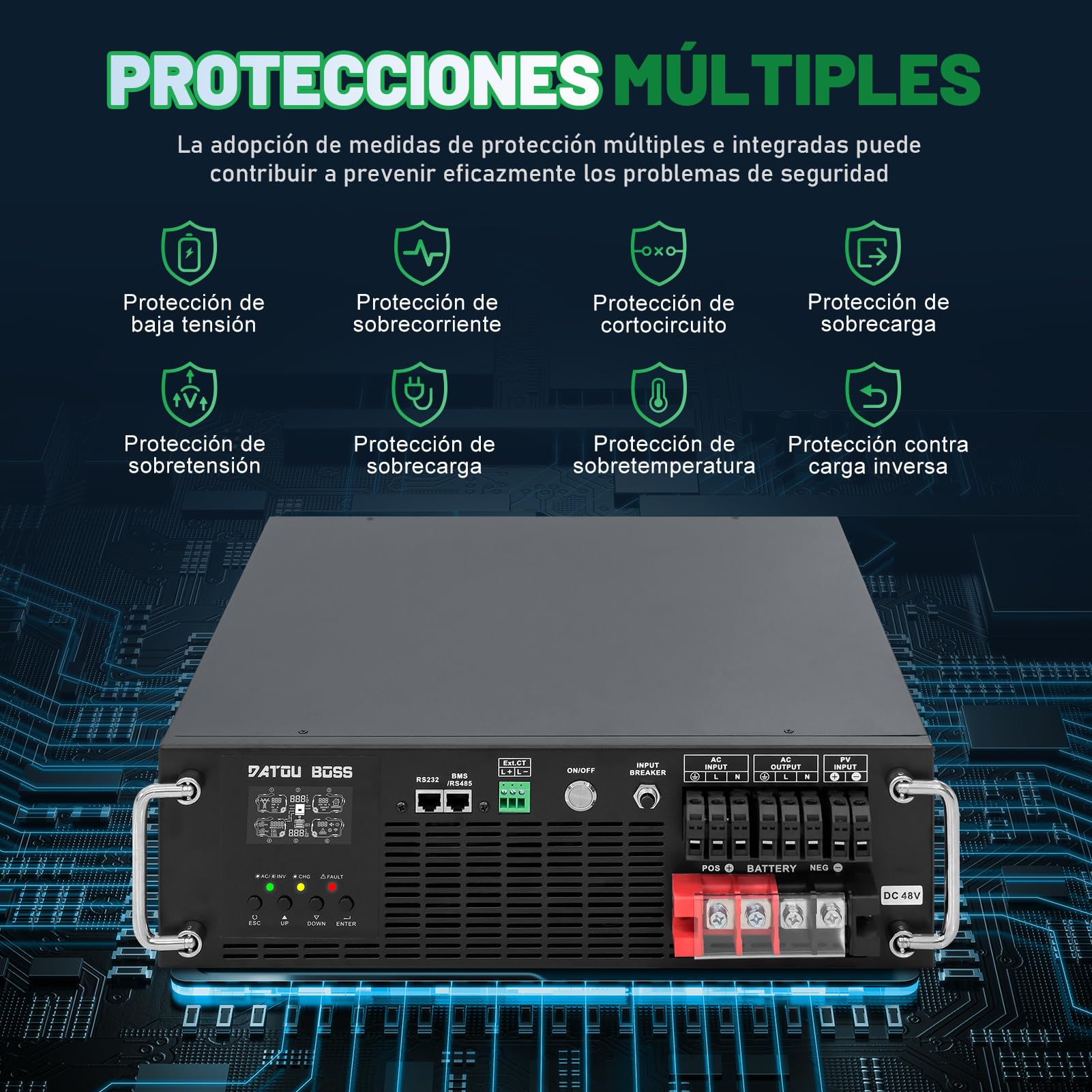 DATOUBOSS Inversor Solar Híbrido 6200W 48V Rack 3U, Onda Sinusoidal Pura 230V, Controlador MPPT 120A, Entrada Fotovoltaica 8500W, Función UPS, Compatible con Baterías LiFePO4 48V, Pantalla LCD