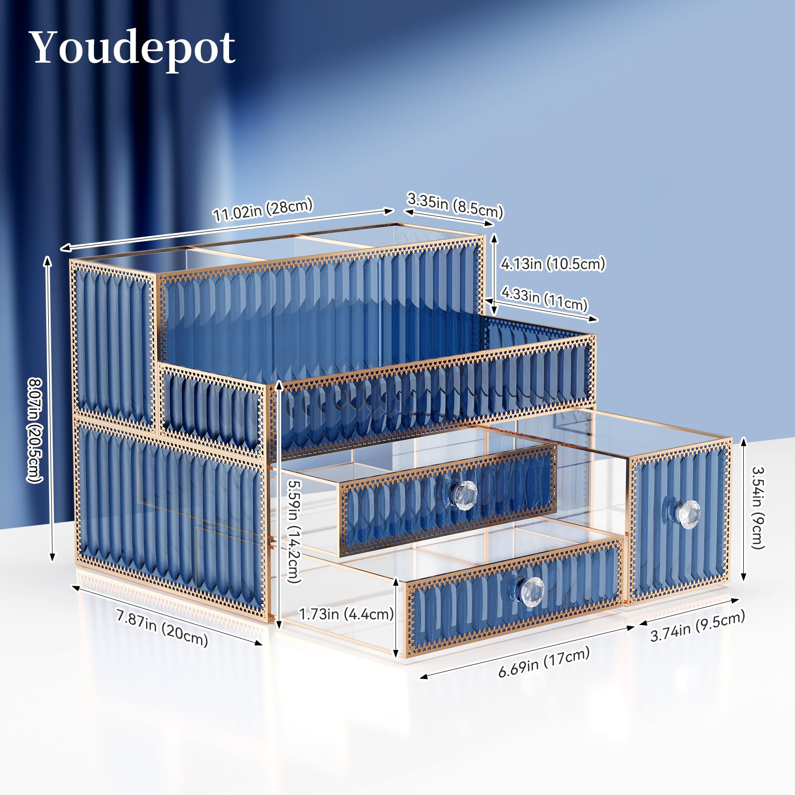 Youdepot Makeup Organizer Blue - Tempered Glass Vanity Organizer for Cosmetics, Skincare, Hair Tools, Brushes, Perfume - Multipurpose Bathroom Counter Skincare Organizer