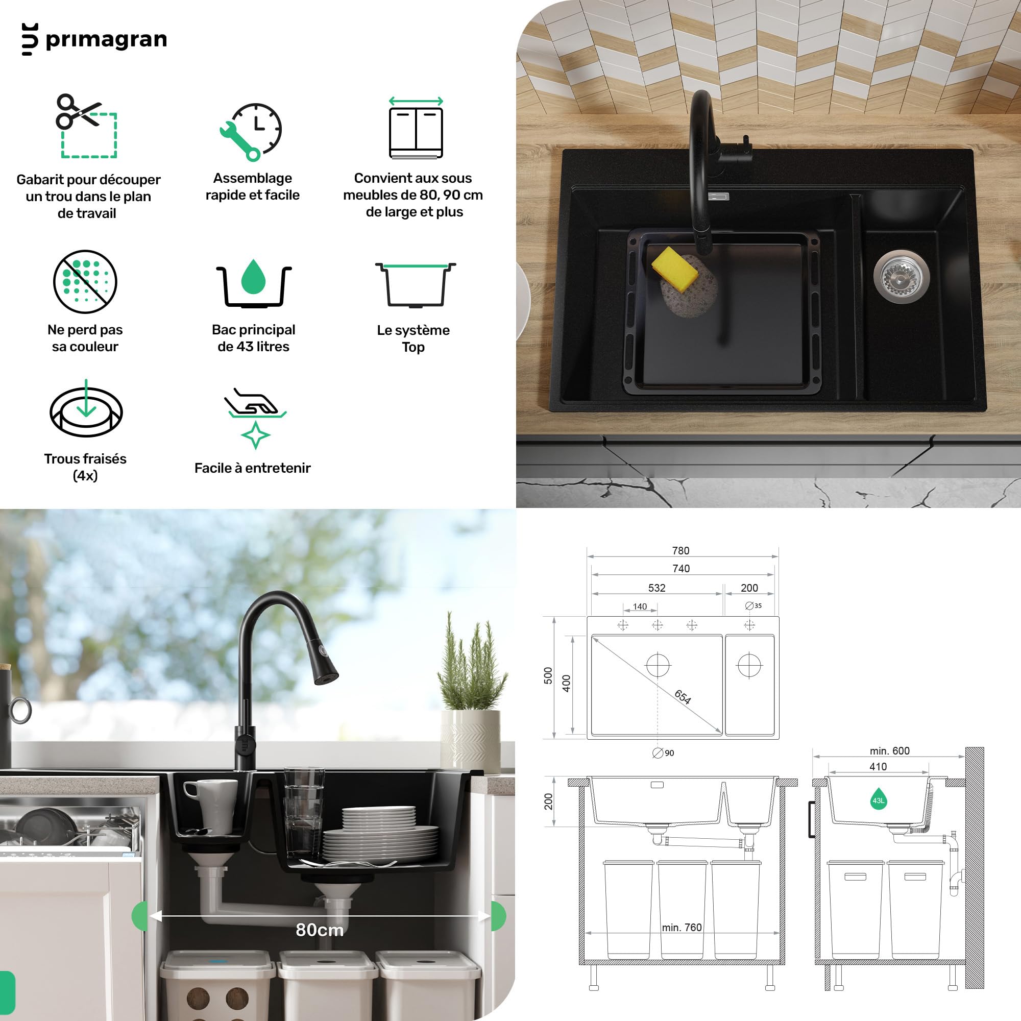 PRIMAGRAN Evier Cuisine en Granit Graphite 78x50cm, Lavabo 2 bacs + Kit de Vidage + Planche à Découper, Évier à Encastrer au Meuble 80cm - Oslo S075