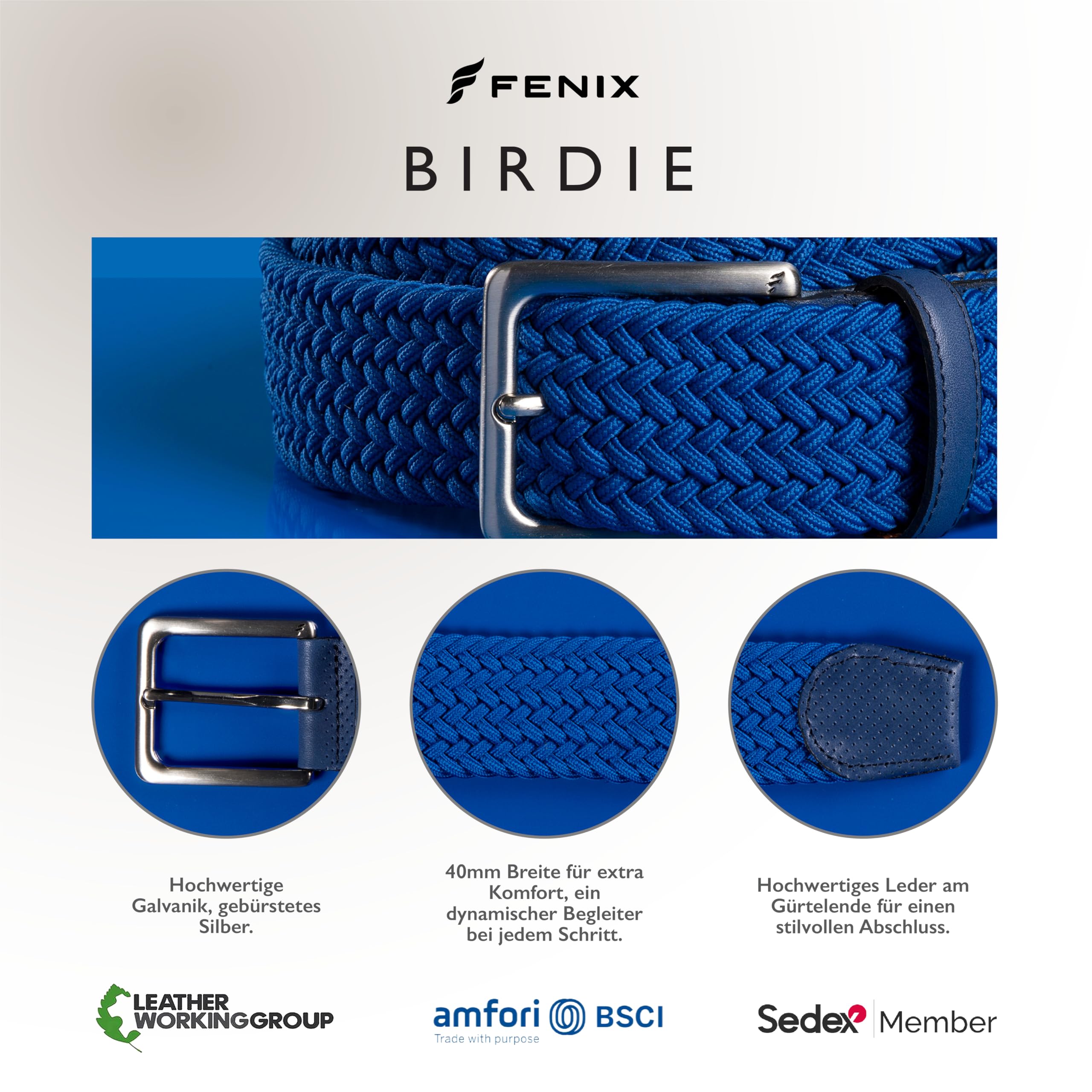 FENIX BIRDIE Stretchgürtel für Herren und Damen Größe S,M,L,XL Elastischer Gürtel Flechtgürtel 40mm breit designed in Deutschland Gürtel für Golf Sport und Alltag, Stoffgürtel