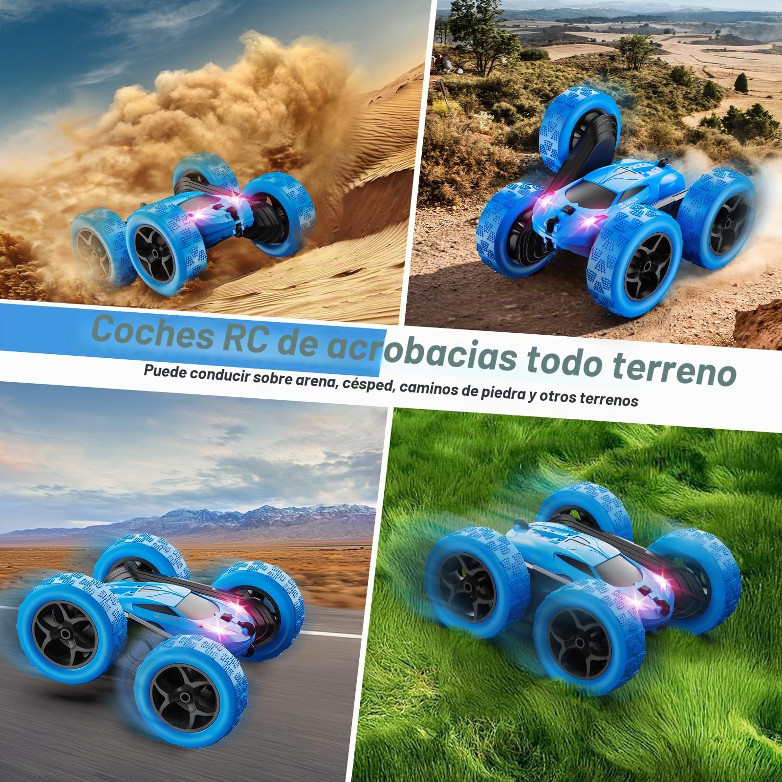 QUNREDA Coche Teledirigido, Coche RC de Juguete para Niños 6-12 Años, 4WD de Acrobacias con Luces LED, Giros 360°, 2,4 GHz, Baterías USB-C Modulares, Regalo de Cumpleaños para Niños, Azul