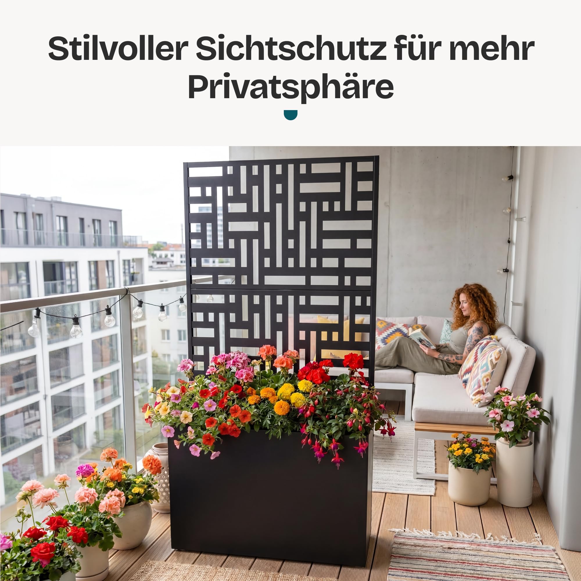 casa.pro Blumenkasten mit Sichtschutz Bernalda 146x83x31 cm Schwarz | Trennwand, Rankgitter, Metall, für Balkon, Terrasse, Pflanzkübel hoch, indoor, outdoor