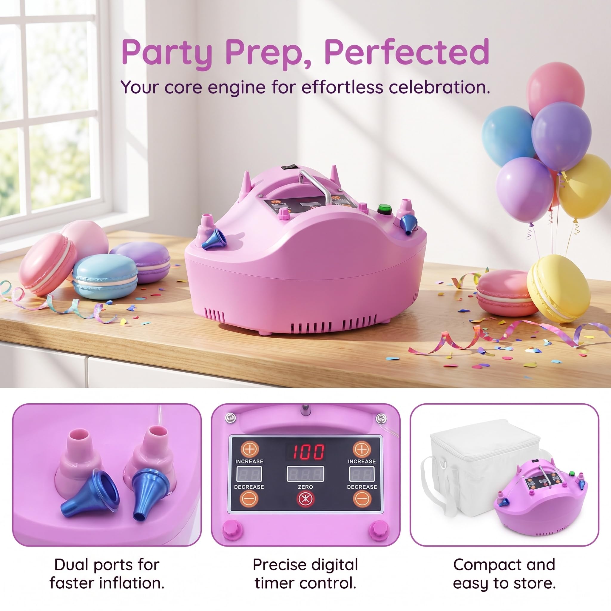 Pompa Elettrica per Palloncini, Gonfiatore Portatile A Doppio Ugello da 1200 W con Timer Digitale, Ideale per Compleanni, Feste, Matrimoni E Decorazioni per Eventi.