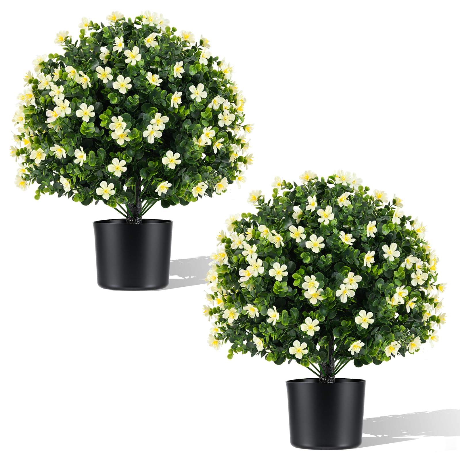 GOFLAME Artificial Boxwood Topiary Ball Tree Set of 2, Faux Potted Tree with White Flowers and Cement-Filled Pot, Fake Evergreen Shrubs Bushes for
