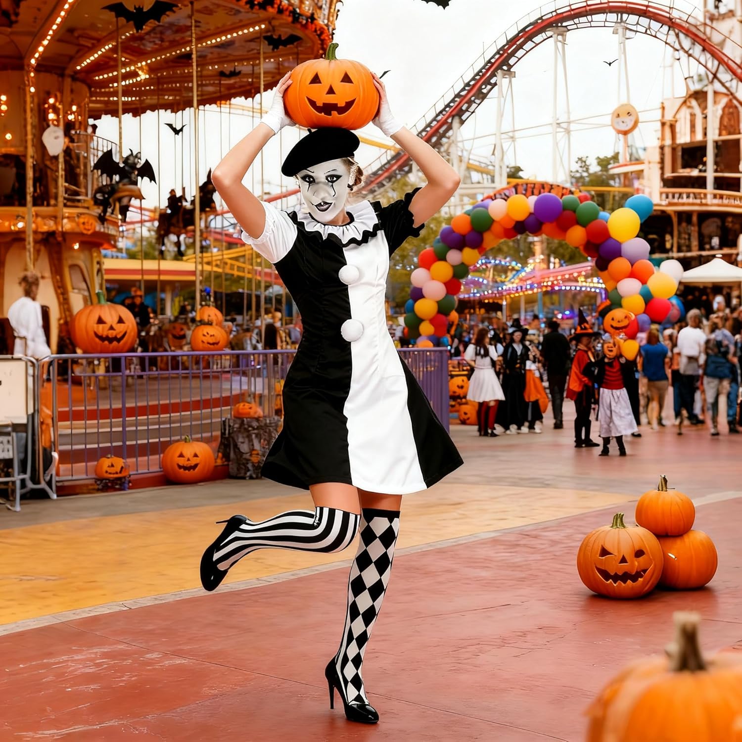 Women's Horror Clown Costume Jumpsuit Black and White Dress Set Movie Themed Outfit for Halloween Killer Clown Costume Outfit - Image 6