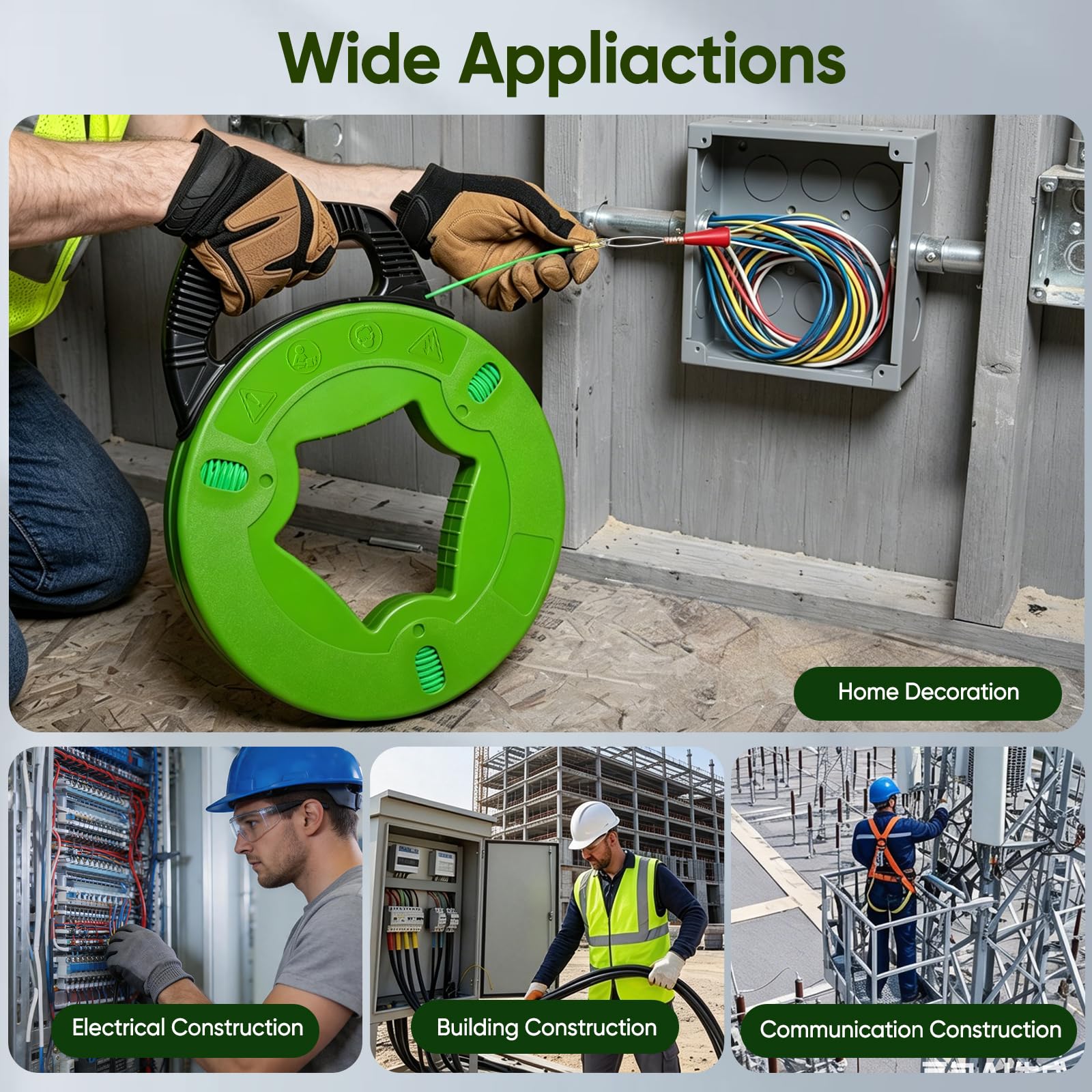 50m Guia Pasacables, 4,5mm Guia Electricista con 6 Adaptadores, Pasacables Cable Eléctrico de Poliéster, Guia Cables Espiral Ayuda de Extracción de Cables para Tirar de Cable
