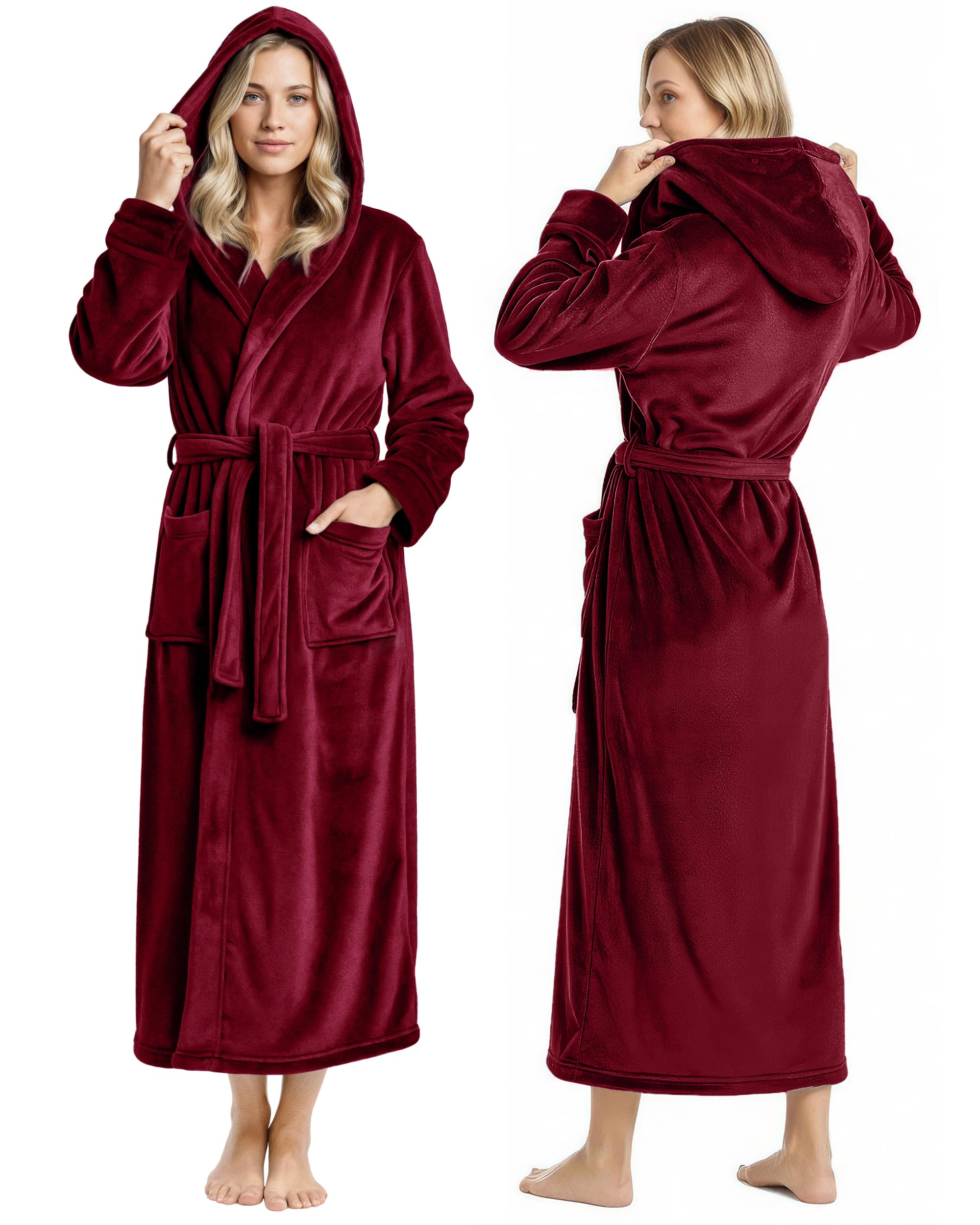 NY Threads Premium Womens Robe with Hood, Plush Fleece Long Bath Robe for Women, Fluffy Soft Women's Bathrobe, Large, Burgundy