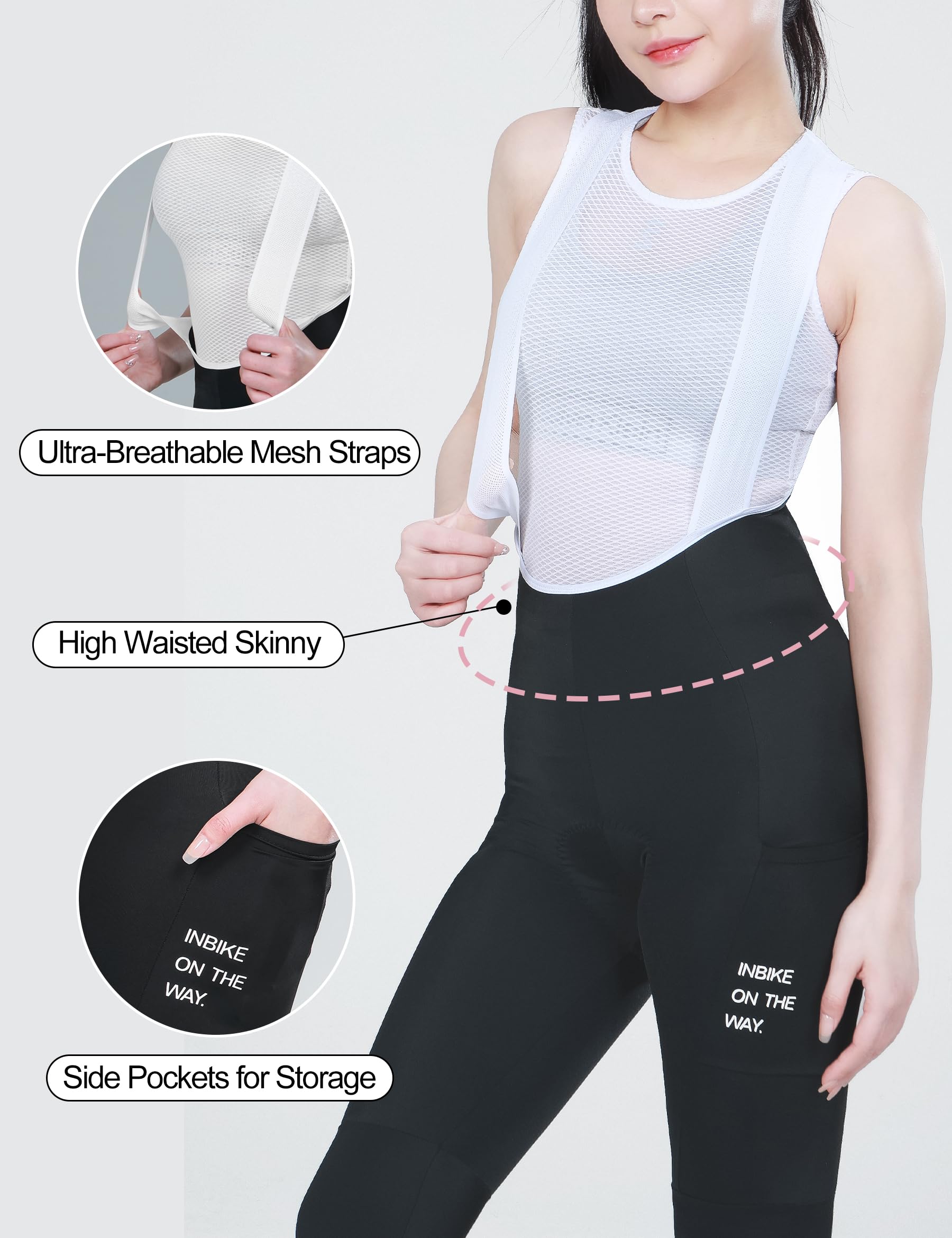 INBIKE Pantalon Cycliste Femme Rembourré Respirant Pantalon Cyclisme à Bretelles avec Poches Leggings de Vélo Collants de Cyclisme Longues VTT