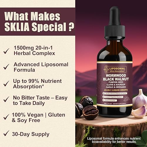 Miniatura 7 de Líquido de gotas de ajenjo liposomal 20 en 1 para humanos - Limpieza intestinal rápida y apoyo digestivo con clavo, berberina, ajo, guanábana, olmo