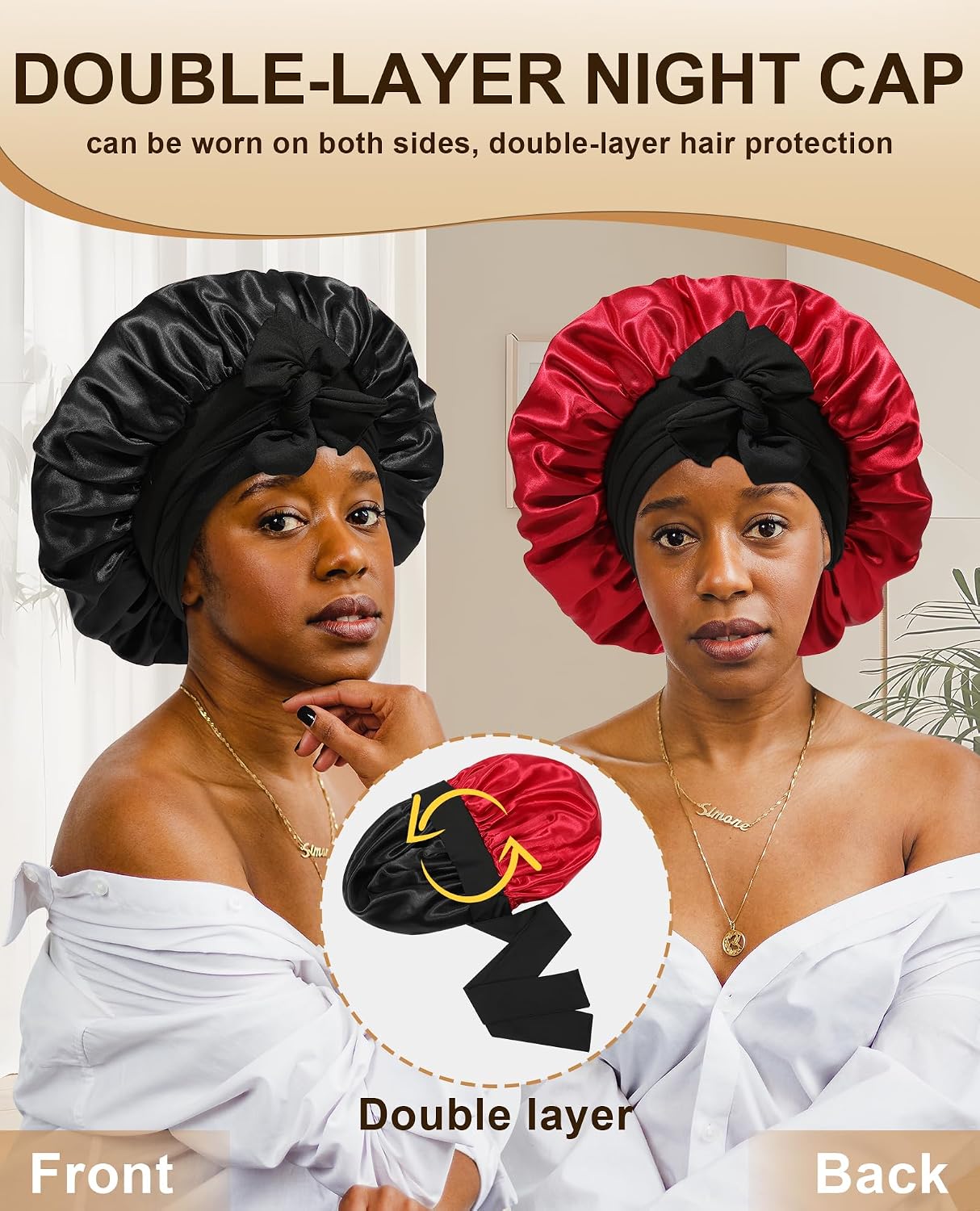 CHLINS Extra Large Satin Bonnet for Women Jumbo Silk Sleeping Hair Tie Wrap | Giant Big Double Lined Layer Cap with Elastic Bow Tie Band Oversized for Big Curly Afro Wrapping Thick Long Braids