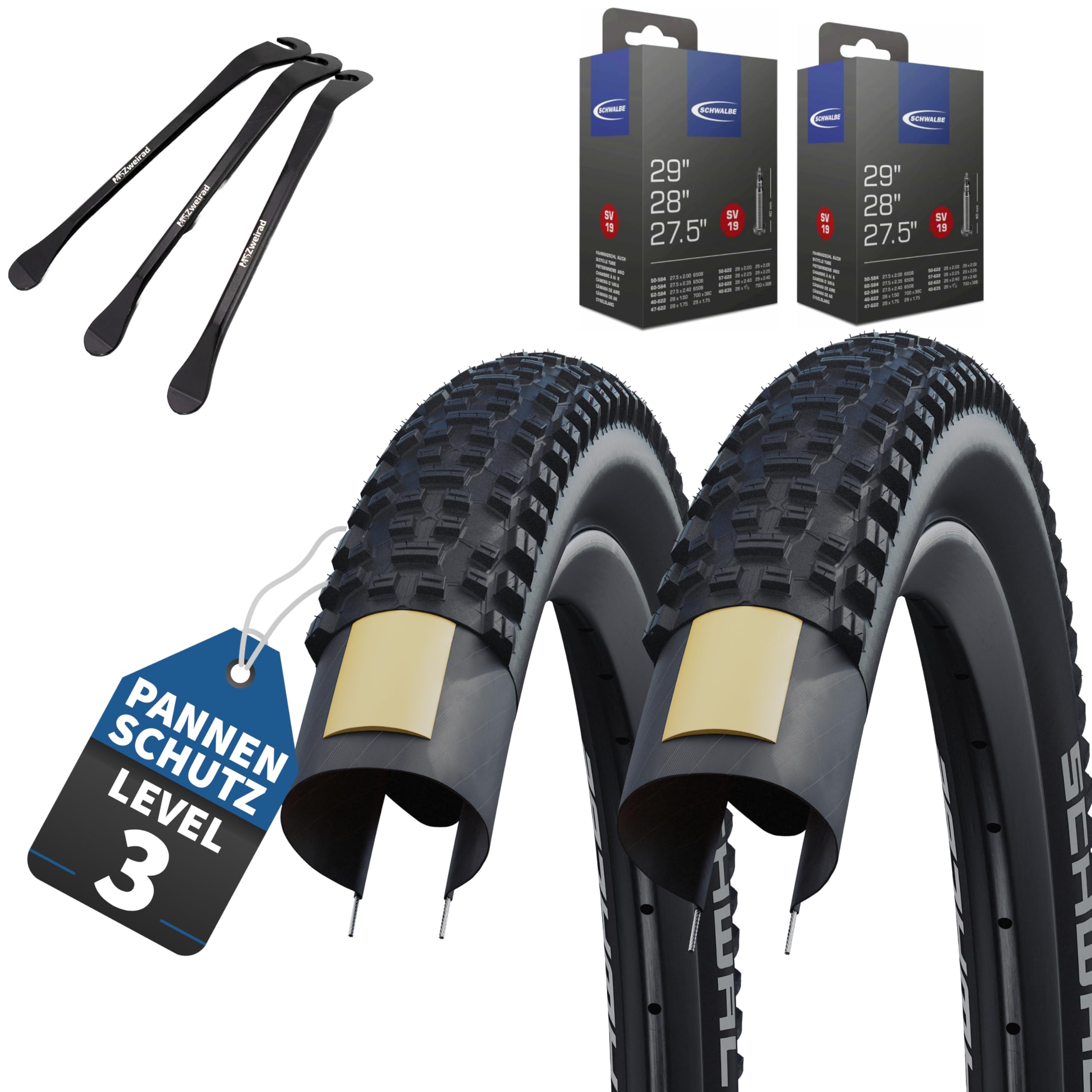 2er Set Schwalbe Fahrradreifen Rapid Rob 27,5 Zoll (57-584) auswählbar mit Schläuchen + 3 Metall Reifenheber (27,5x2,25 (57-584), SV Schläuche)