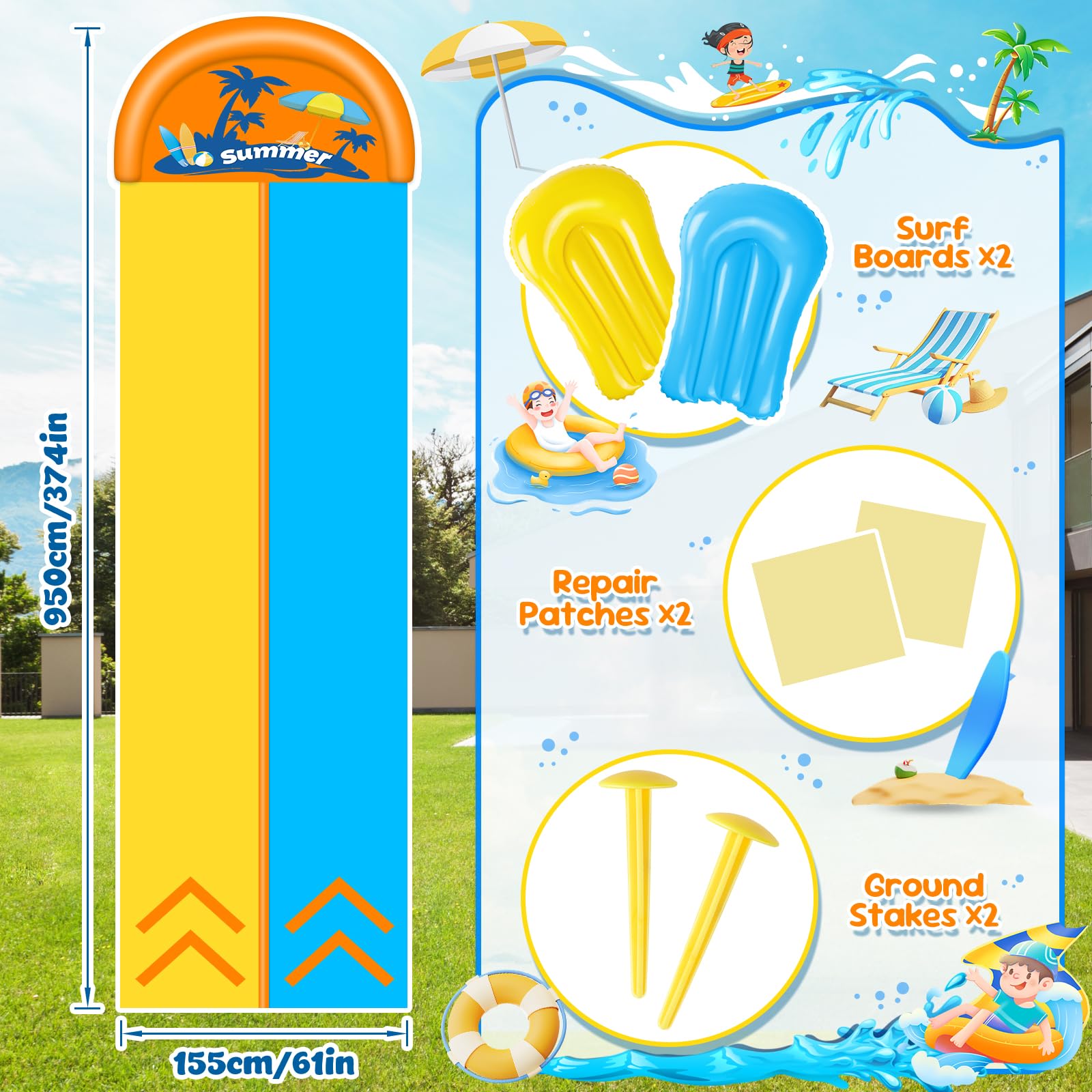 JONRRYIN 950cm Tobogán de Agua, 155cm Tobogán de césped de Doble Tobogán Hinchable con Rociador, 2 Tablas inflables para Fiestas de Verano, Jardín, Acuáticos al Aire Libre