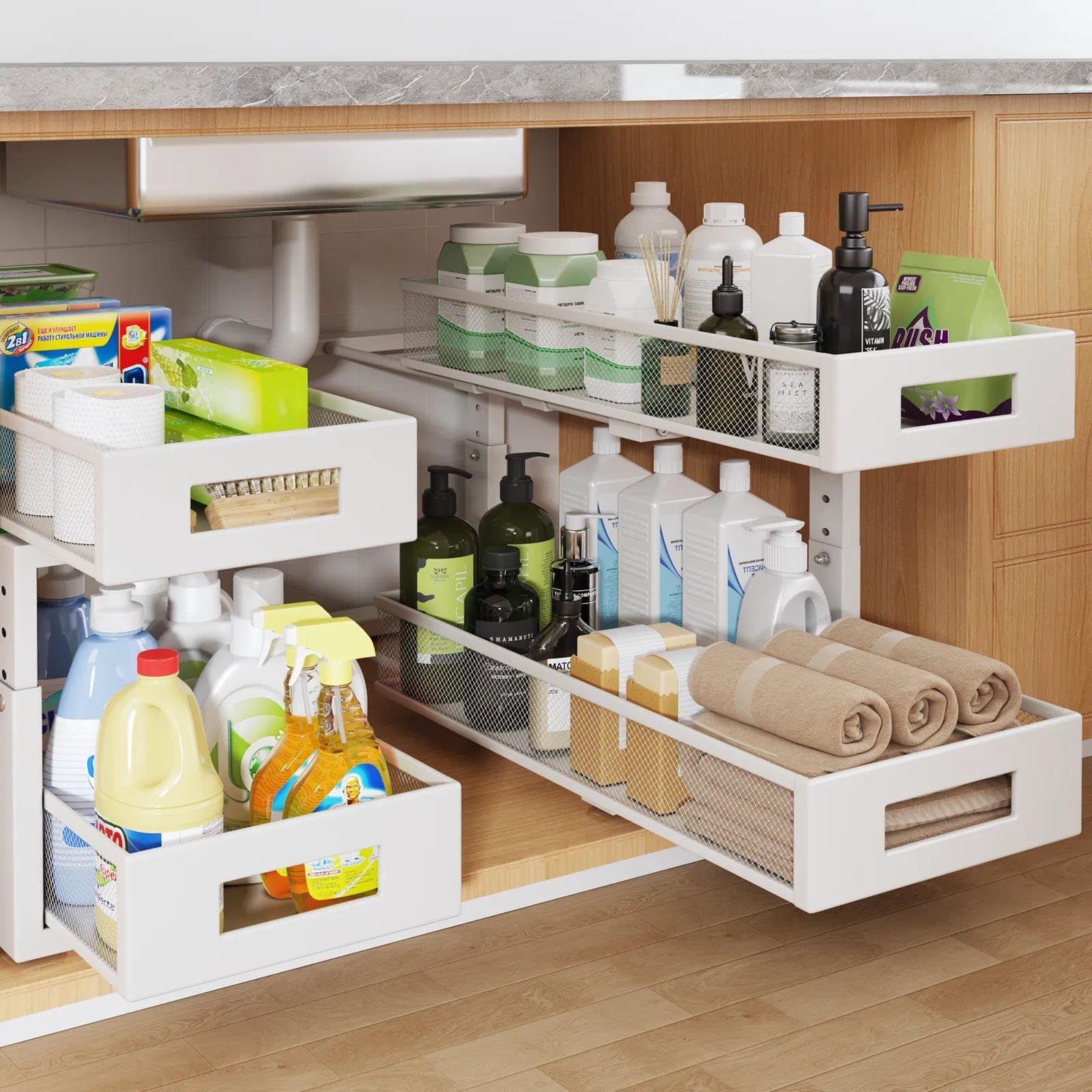 Photo 1 of 2 Packs 21IN Depth Under Sink Organizer, 2-Tier Pull Out Cabinet Organizer With Smooth Circular Rail, Large Capacity Metal Mesh Sliding Drawers For Bathroom& Kitchen Storage,Height Adjustable –White