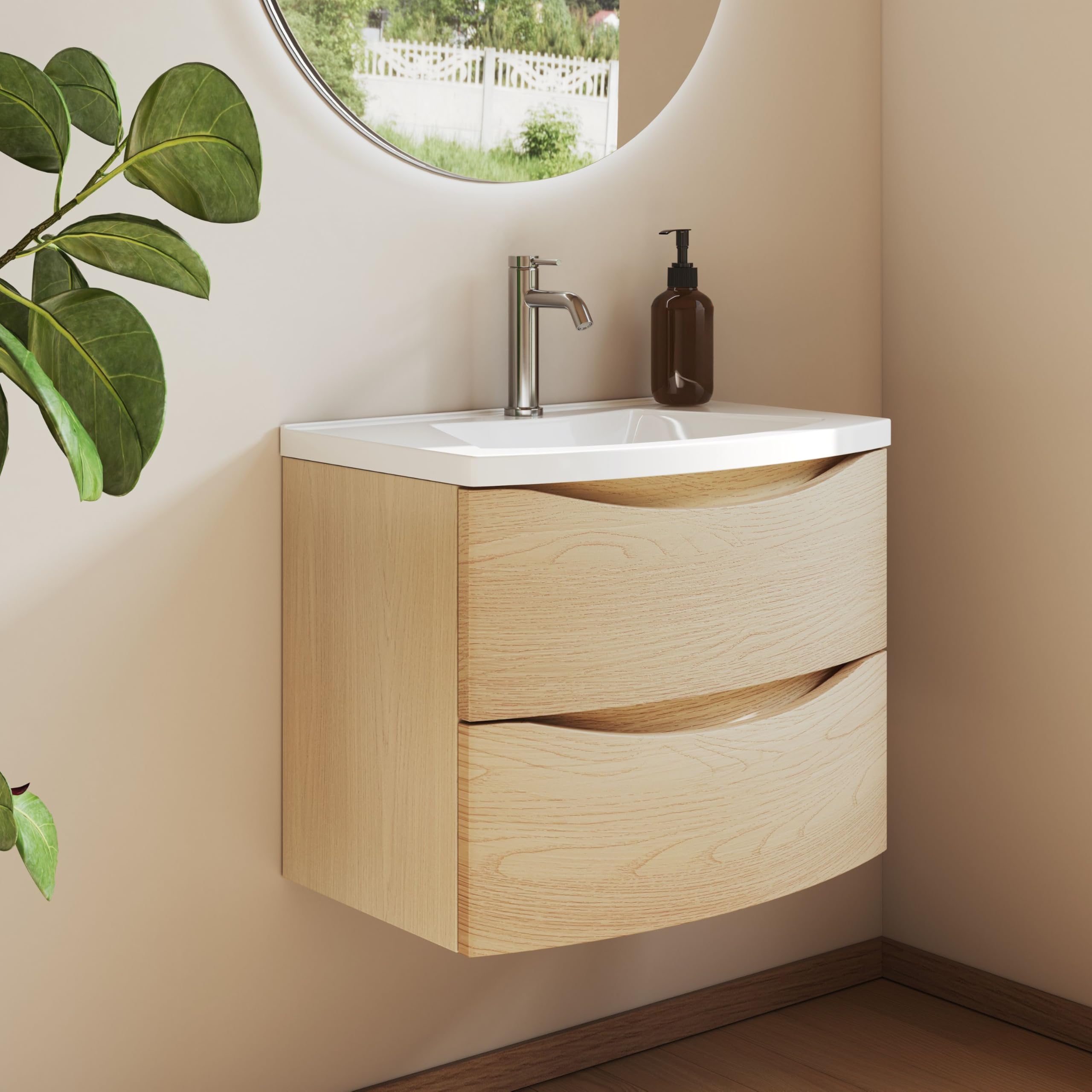 Meuble De Salle De Bain 60 cm avec Vasque en Fonte Minérale – 2 Tiroirs À Fermeture Amortie, Gain De Place, Idéal pour WC Invités, Golden Sand