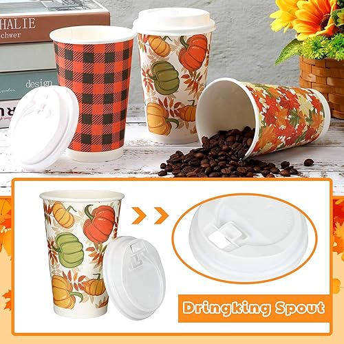 Miniatura 2 de Fulmoon Juego de 60 tazas de café desechables de Acción de Gracias de 16 onzas, tazas de papel de otoño con tapas, decoración de fiesta de otoño