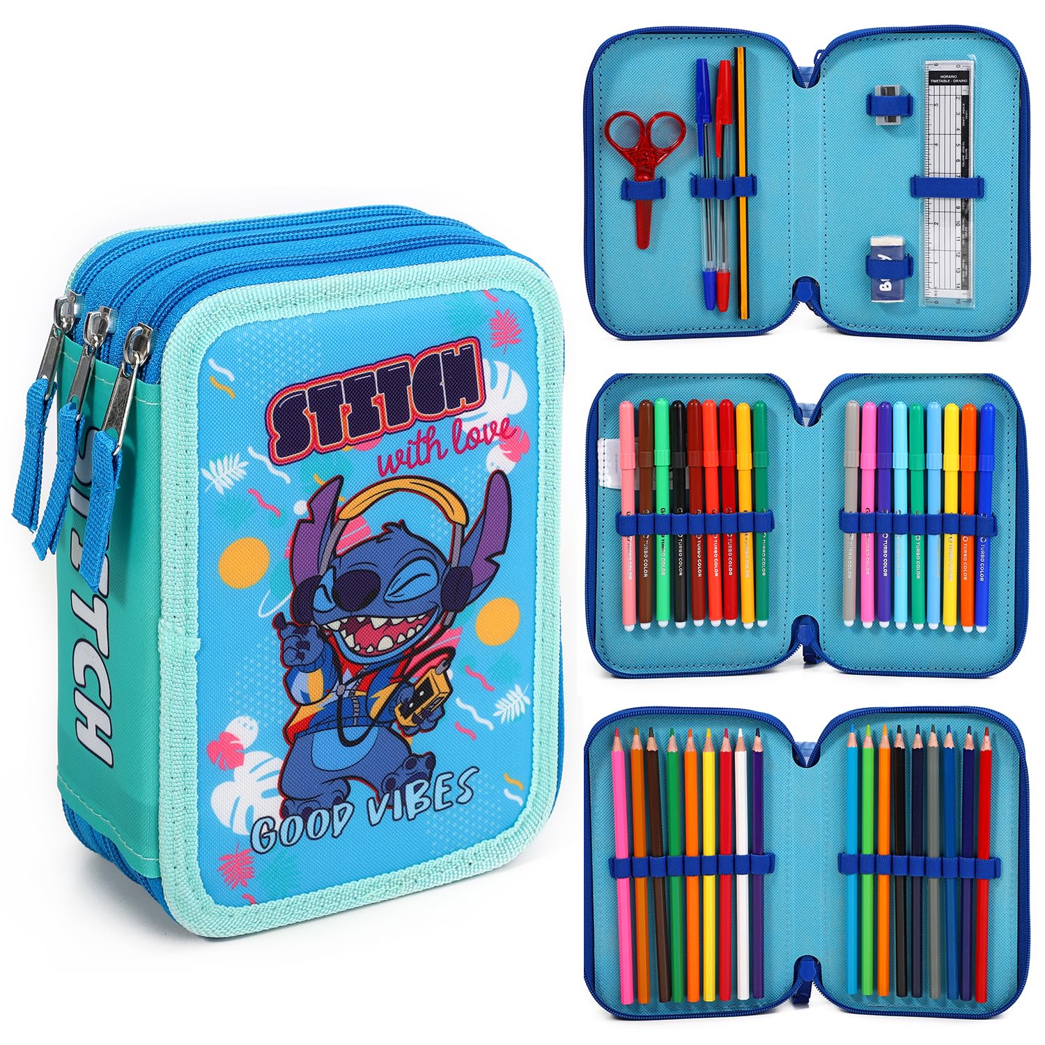Disney Stitch - Estuche grande de 3 niveles con múltiples compartimentos, suministros escolares, papelería, bolígrafos para colorear, multicolor, Stitch - Estuche grande de 3 niveles, 1004E-2151