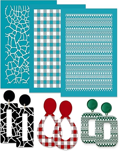 Benvo Paquete de 3 plantillas de serigrafía reutilizables para arcilla polimérica, joyas, aretes, plantillas de impresión, fácil decoración, flores,