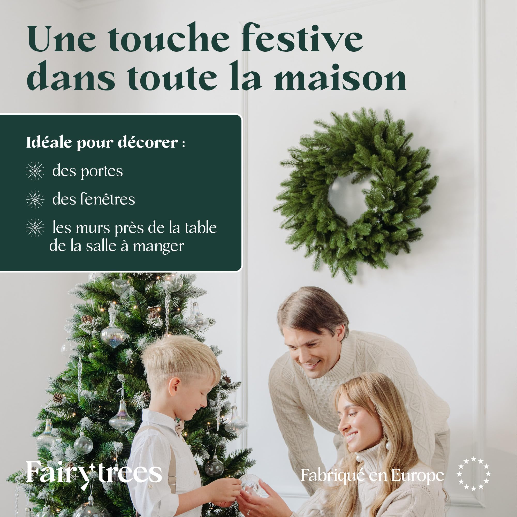 FAIRYTREES Décoration Couronne Noël Verte 55 cm en PE moulé 100 % | Couronne de l'Avent à Suspendre pour Porte, fenêtre, Mur | Décoration de Noël Suspendue, Accessoire pour l’intérieur à décorer