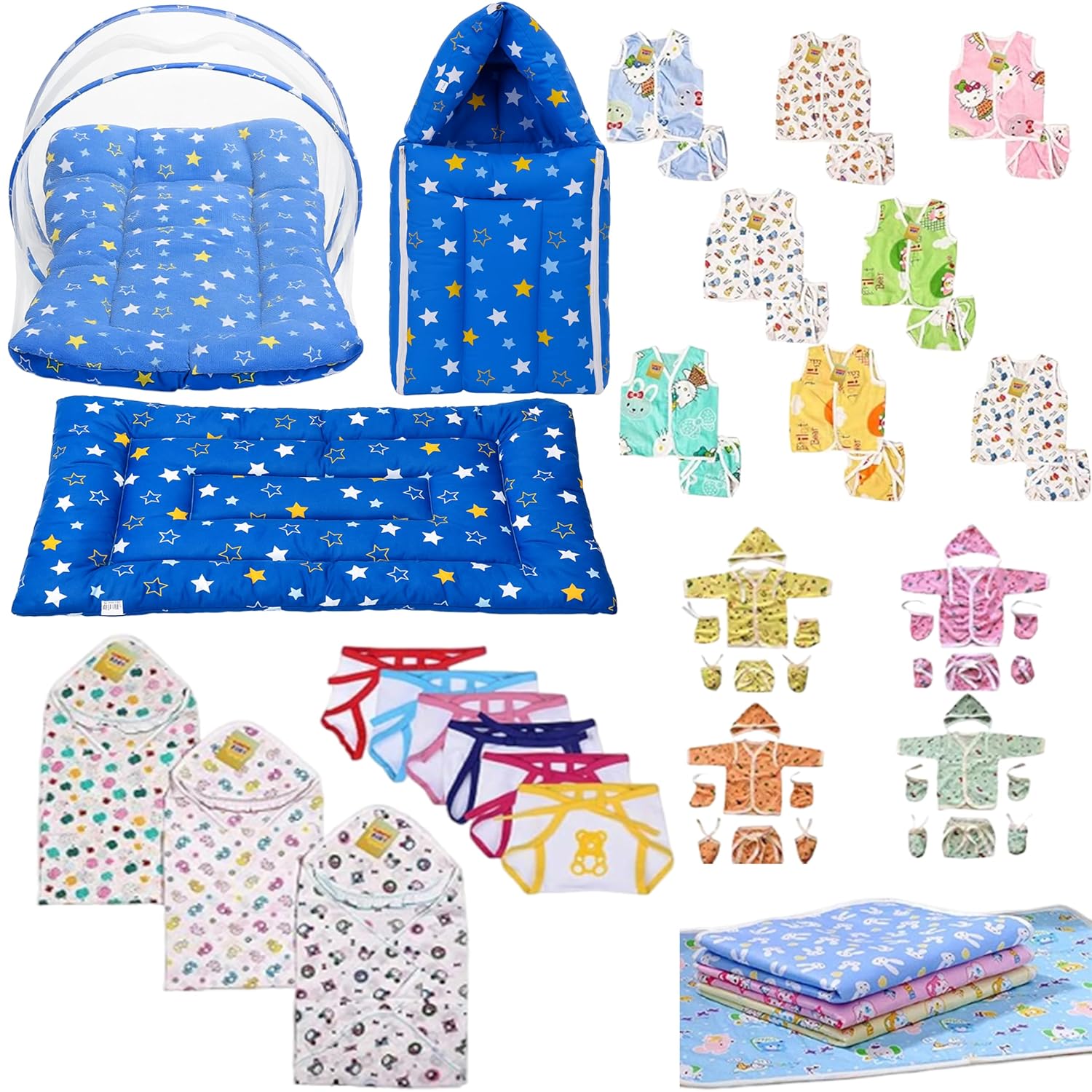 Infantbond 56 in 1 Baby Products All New Born Combo | Gift Set | Baby Essentials | Hospital Kit | Baby Clothes | Maternity Essentials | Infant Essentials | Baby Shower | Complete Daily Items Combo(0-6 Months) (Star) (Blue Bedding Set for Baby Boy)(Assorted for remanining)