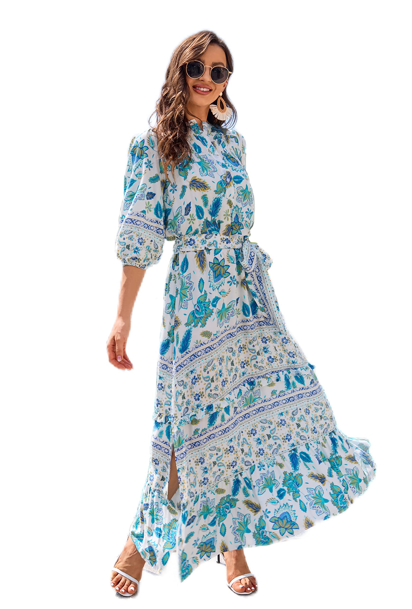 Women Boho High-Waist Floral Print Maxi Dress 3/4 Sleeve Casual | Soft Rayon, Breathable, Quick-Dry. High-Waist with Adjustable Belt, Flattering Hem. Ideal for Beach, Work &amp; Dating.