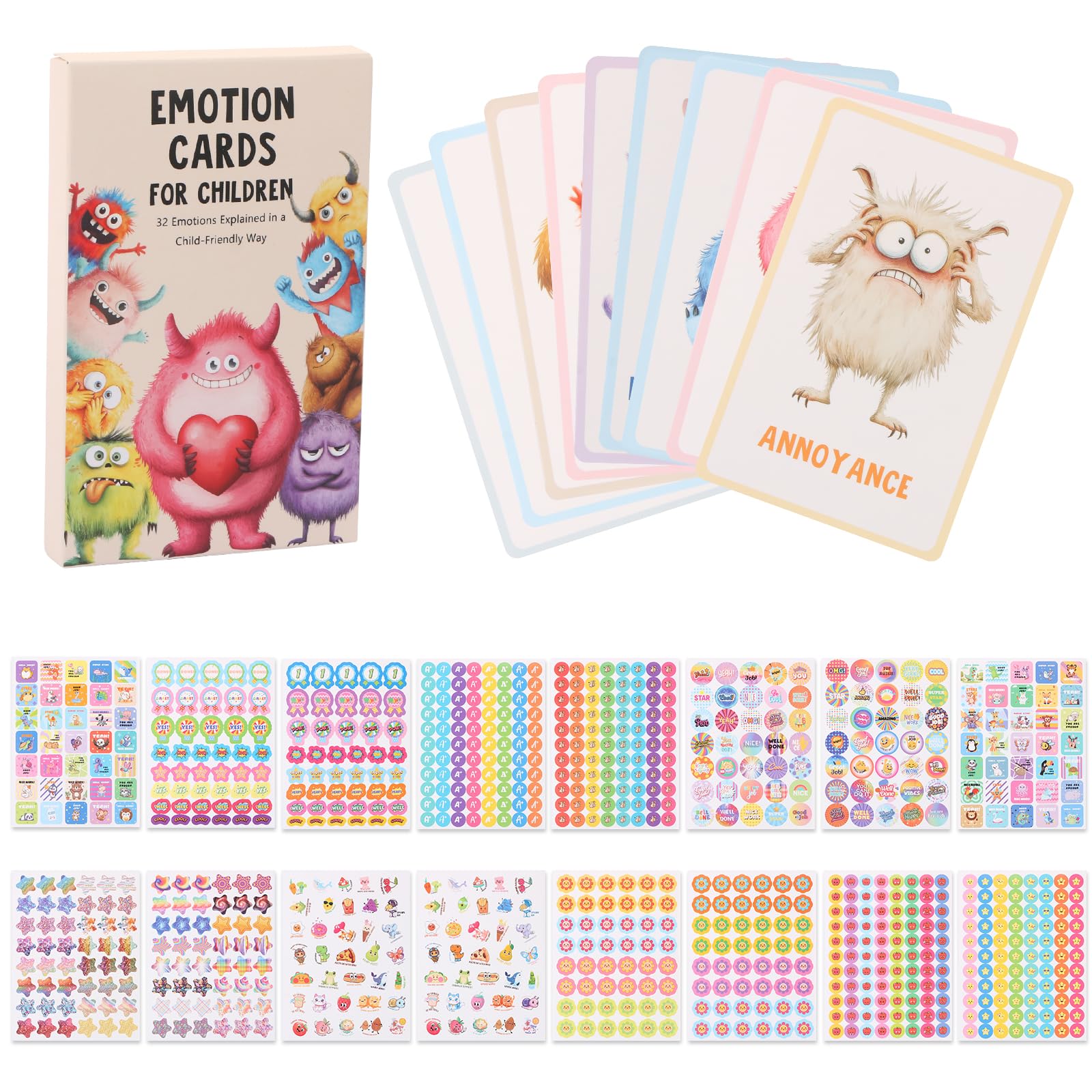 LALASTYLE Exploration Emotion Cards, 32 Monster Emotion Cards & 16 Encouragement Stickers