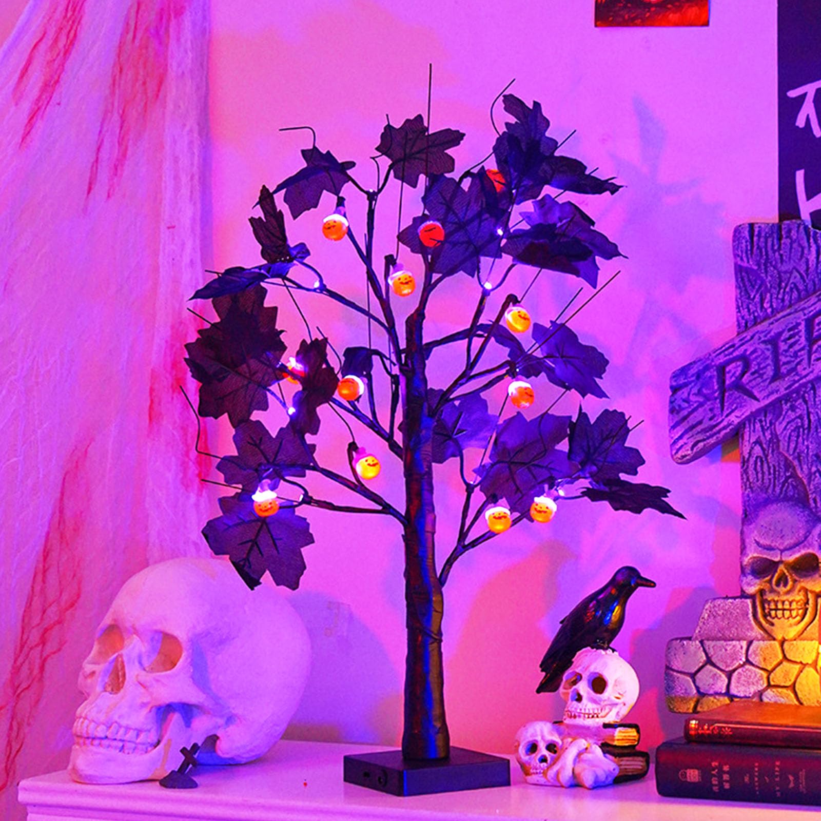wpdash LED Pumpkin Tree Lamp Witch Hat Pumpkins on Light Up Branch USB & Battery Powered Decor Nightlight for Bar Counter Street Food Stall Kitchen Ambient Decoration (3.94"*23.62")