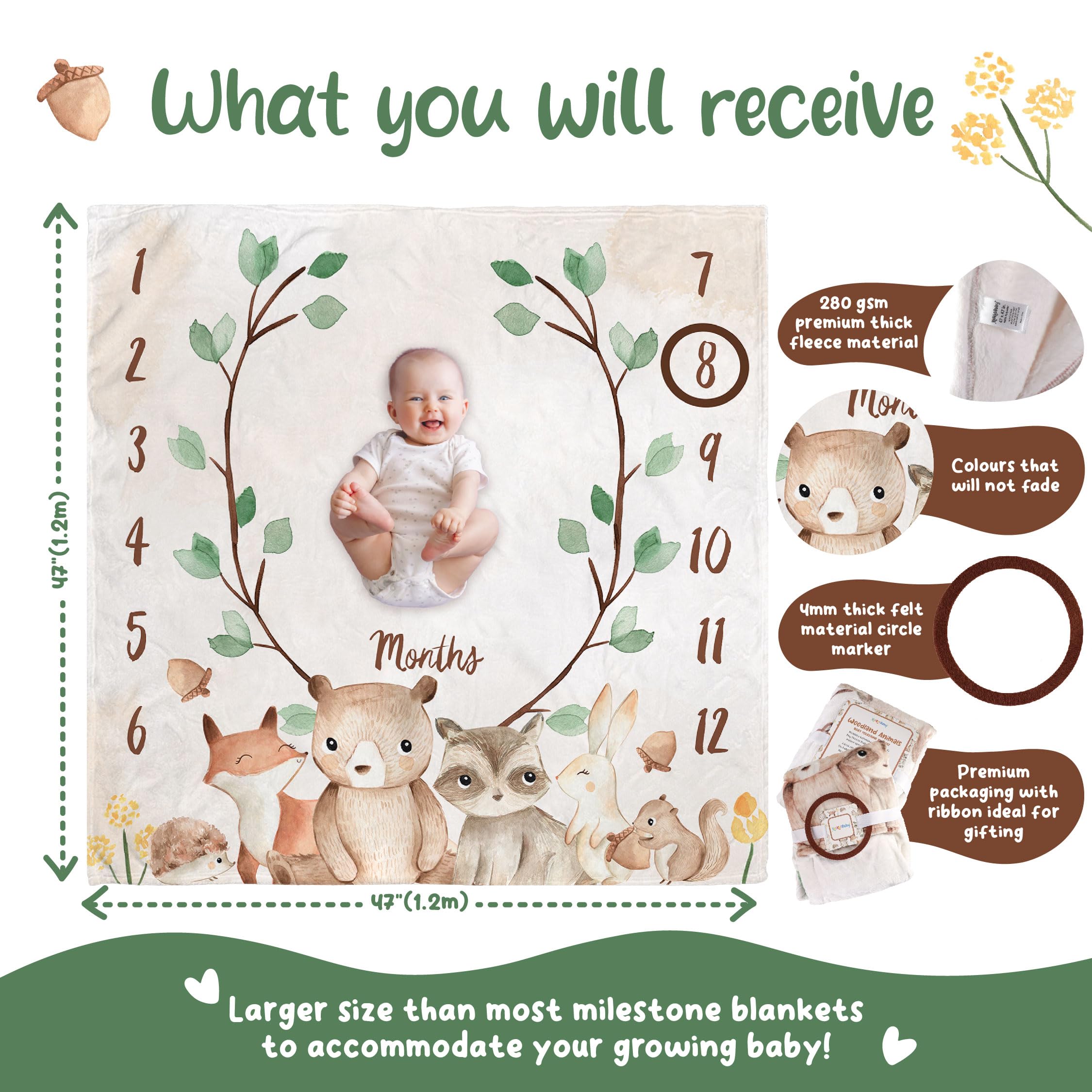 KooKooBaby Manta mensual de hitos para bebé, 47 x 47 pulgadas, manta mensual de forro polar para bebé con marcador de fieltro, manta de crecimiento de edad para bebé niño o niña, animales de guardería