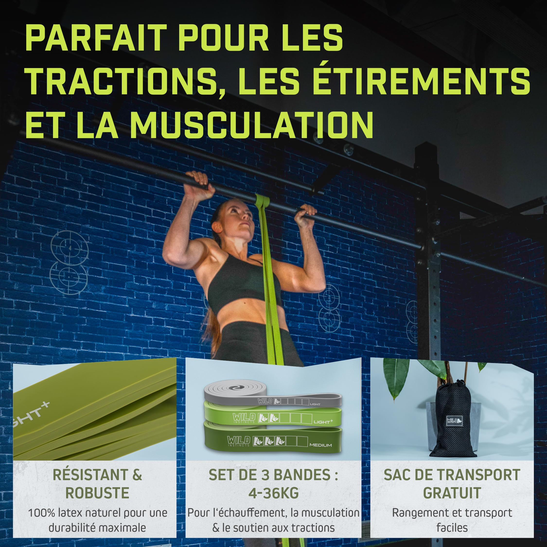 Wild Instincts® Bandes Résistantes pour Tractions/Bandes Élastiques Musculation/Bande Élastique Fitness/Bande Élastique Tractions pour Crossfit & Stretching +Sac