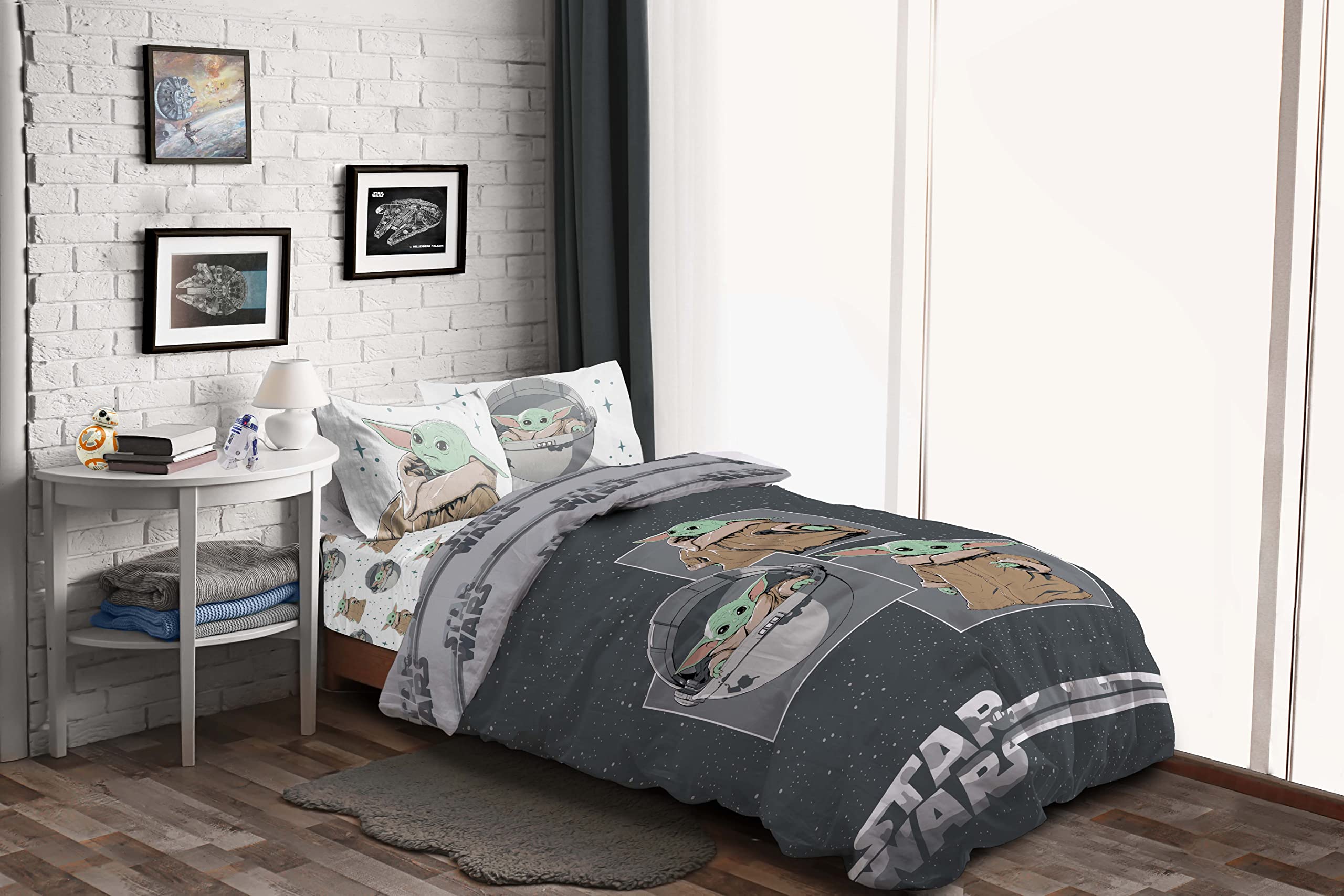 Star Wars Mandalorian Baby Yoda Grogu Juego de Ropa de Cama Infantil 3 Piezas 100% Algodón Cama Individual - Incluye Funda Edredon 135x200cm + Sabana Bajera 90x200cm + Funda de Almohada 50x70cm