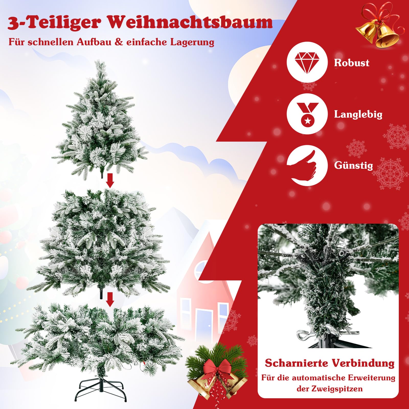 COSTWAY 210 cm Künstlicher Weihnachtsbaum mit Schnee und Beleuchtung, Tannenbaum mit 300 Warmweißen LED-Lichtern, 1096 gemischten Zweigspitzen, Christbaum, Kunstbaum Weihnachten für Zuhause, Grün