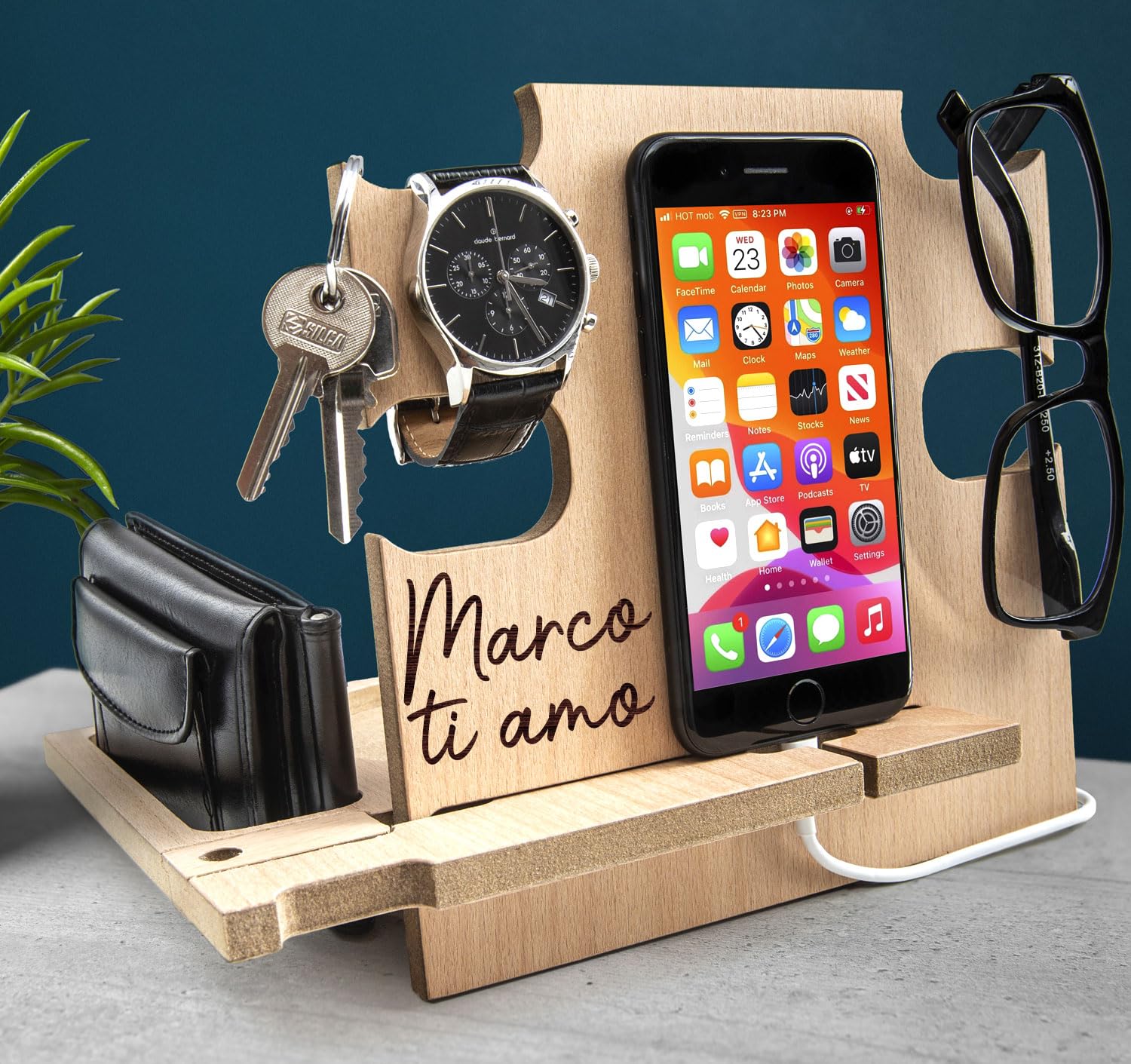 Greta Oto Svuotatasche in Legno Personalizzato Organizer da Scrivania e Comodino con Supporto per Smartphone Porta Orologi Regalo Festa del Papà