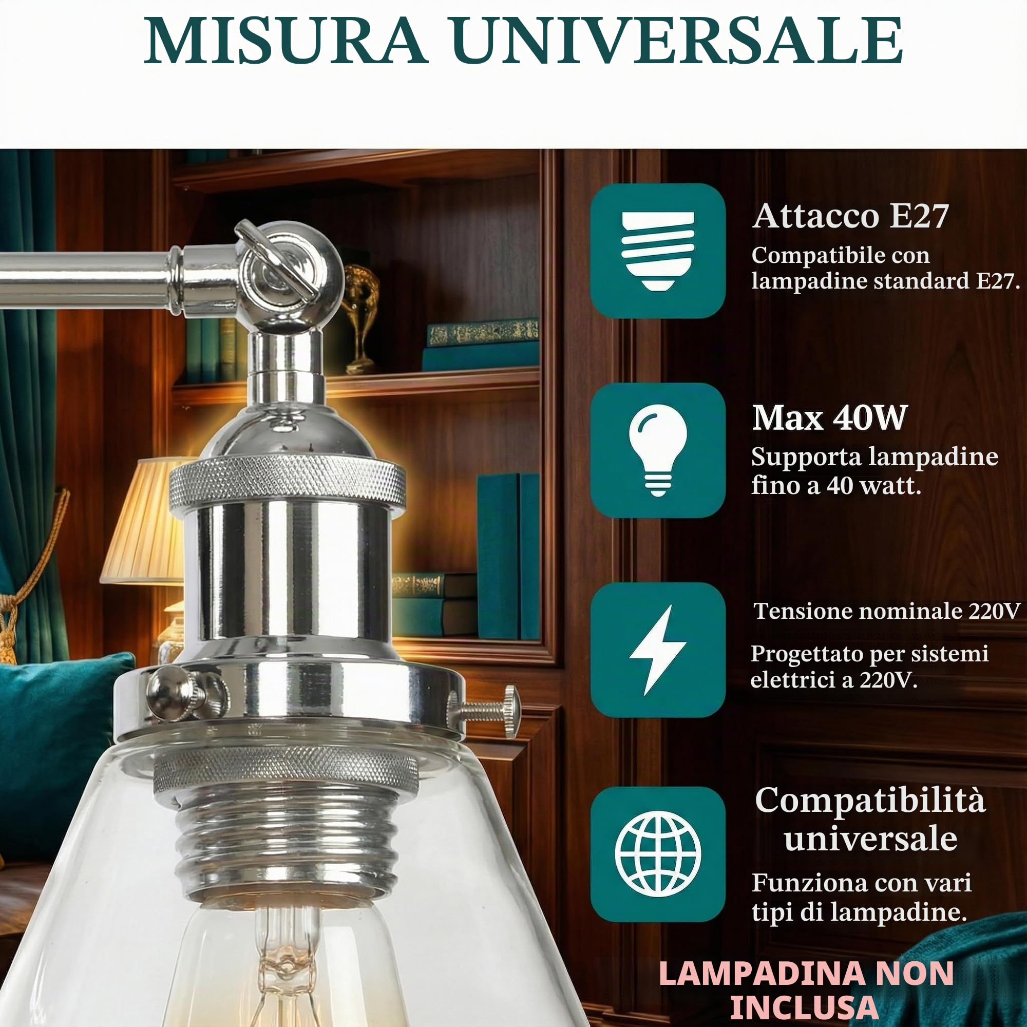 Applique da Parete Industriale, Lampada da Parele Vetro Vintage E27 per Angolo Lettura, Camera da Letto, Ingresso e Bagno, Illuminazione per Arredamento Casa (Argento Moderno, B)