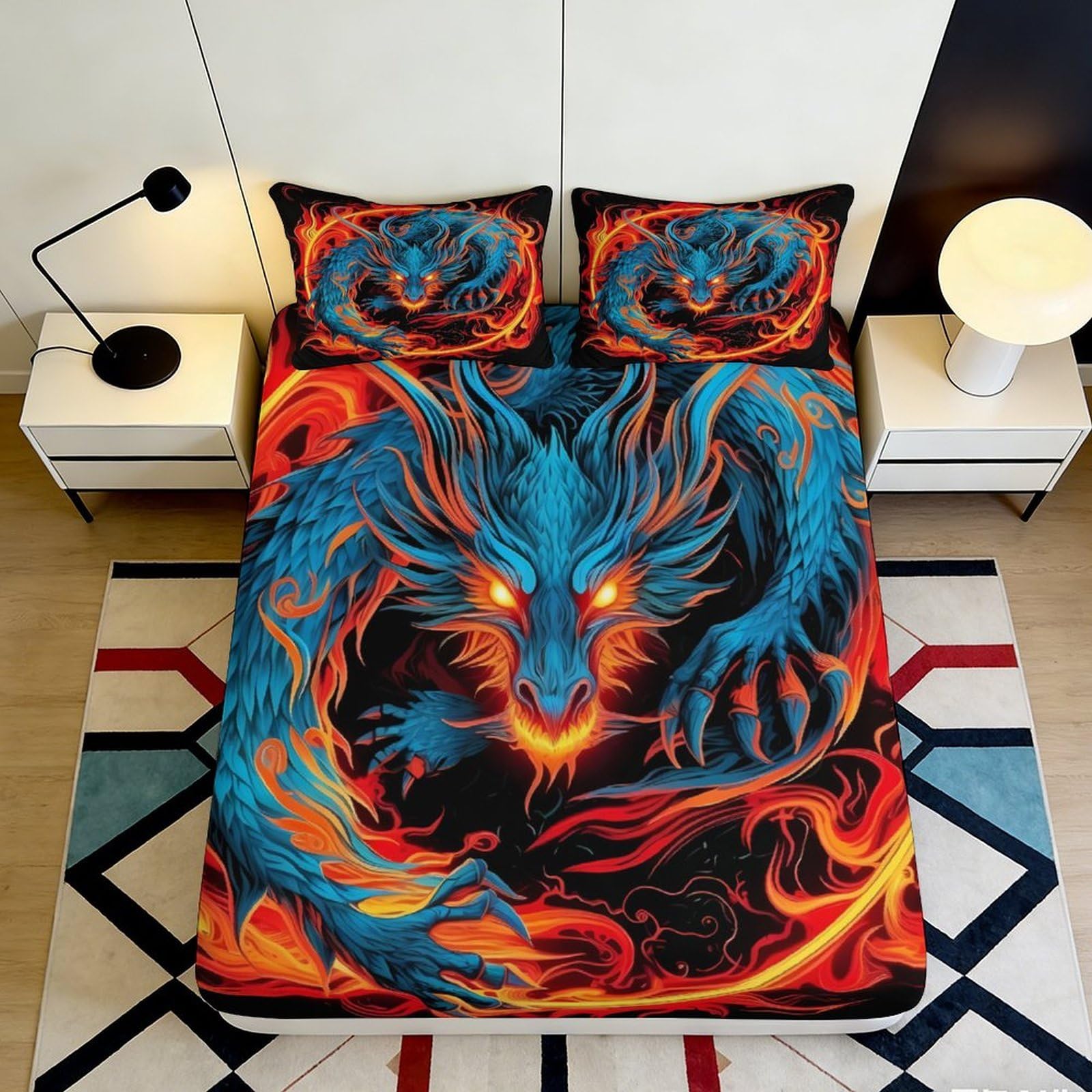 Pnayamiorkfel Style-6 3D Printed Blue Flame Dragon Fitted Sheet Microfiber Soft Anti-Slip Bed Sheet For Bedroom Guest Room Decor 90X200x25cm