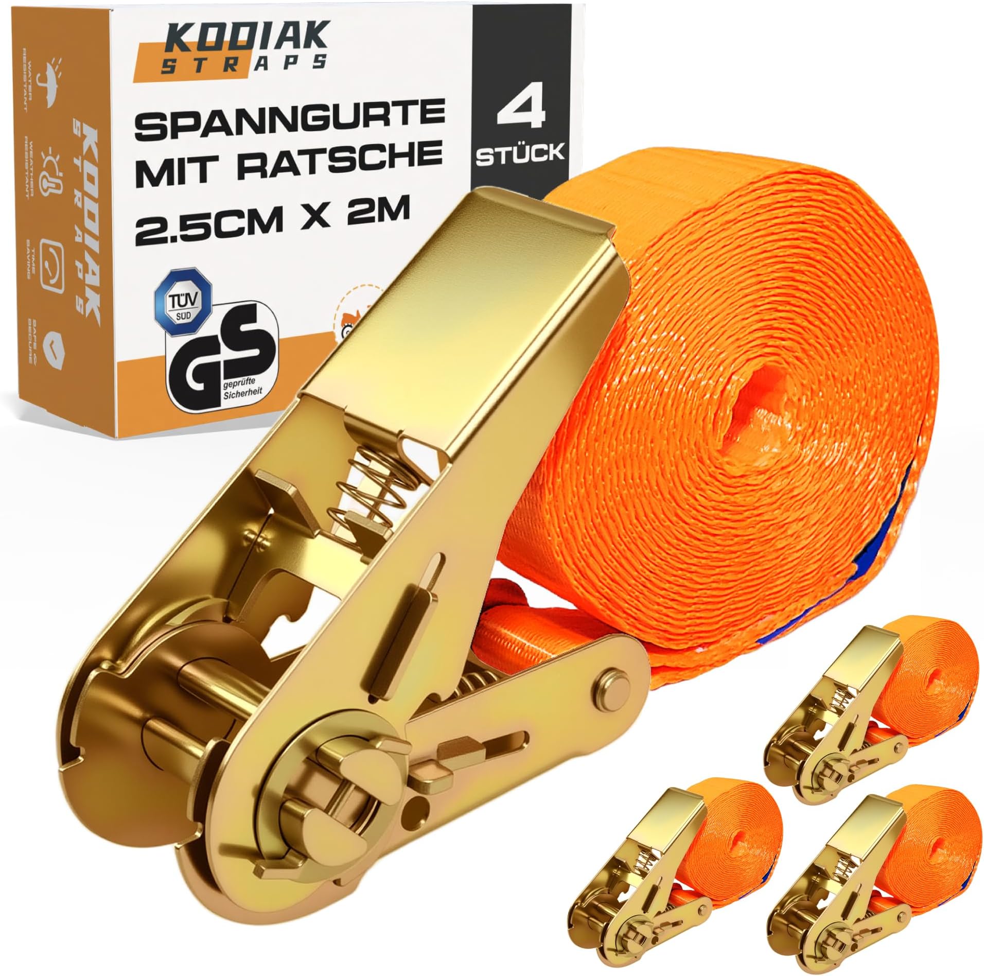 Set of 4 Tie Down Straps with Ratchet 2 m, 1000 kg Lashing Straps TÜV G/S Certified Ratchet Straps DIN EN 12195-2 KODIAK STRAPS