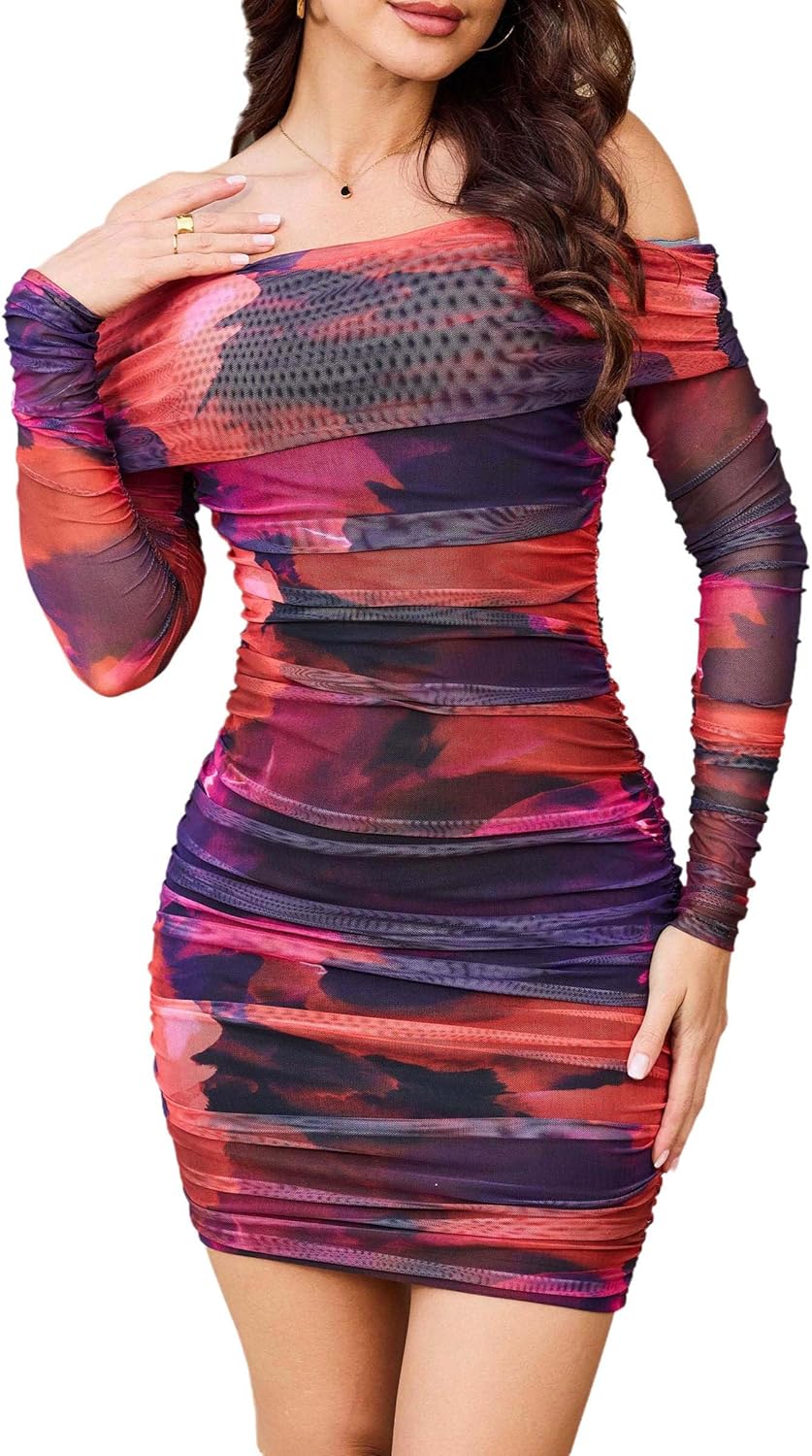 ABMOIU Women's Sexy Off Shoulder Long Sleeve Mini Dress Party Club Ruched Print Bodycon Dresses