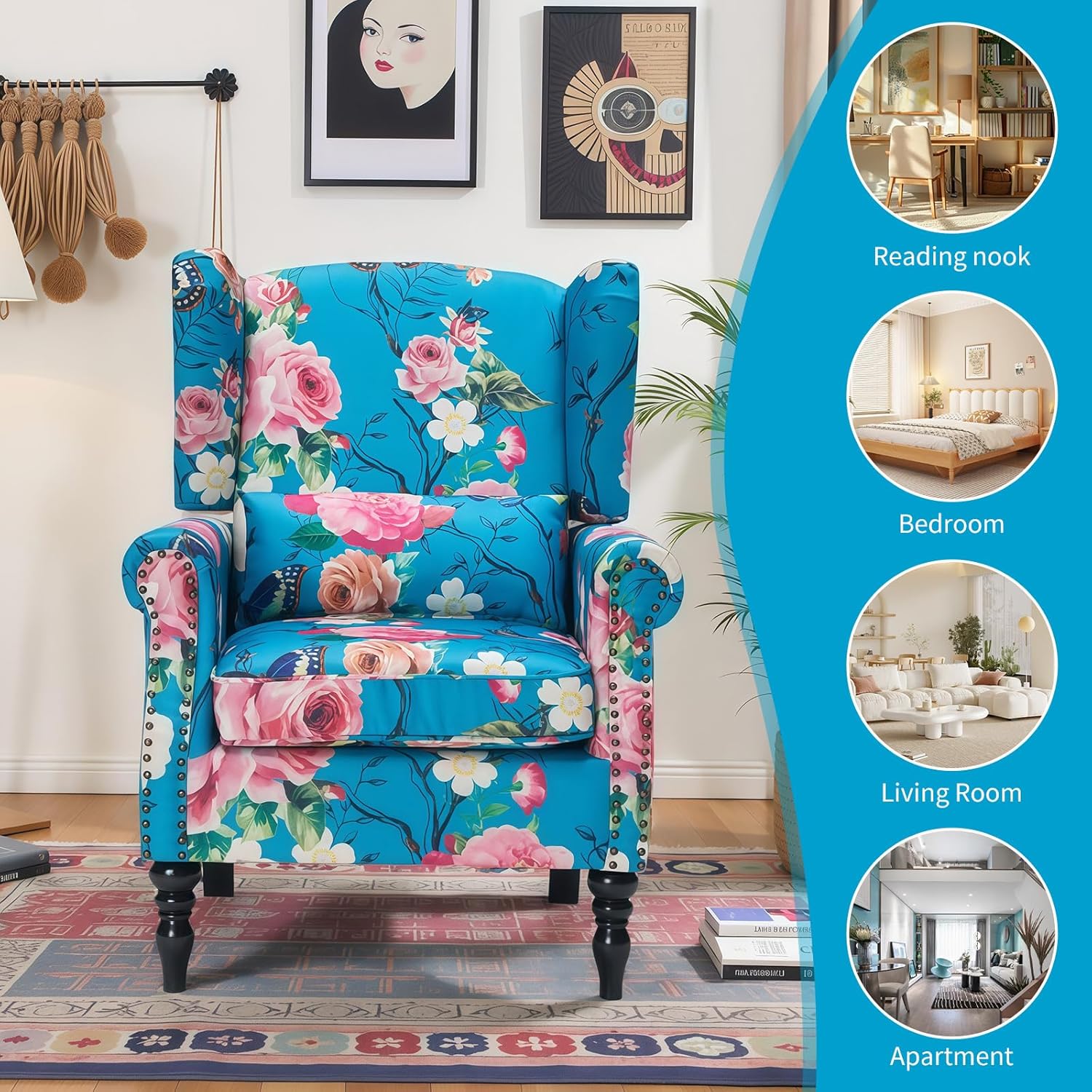 Floral Accent Chair,Mid Century High Back Upholstered Armchair with Wood Legs & Brass Nailhead Details,Comfy Single Sofa Chair for Living Room, Bedroom,Ideal Lounge&Reading Chair