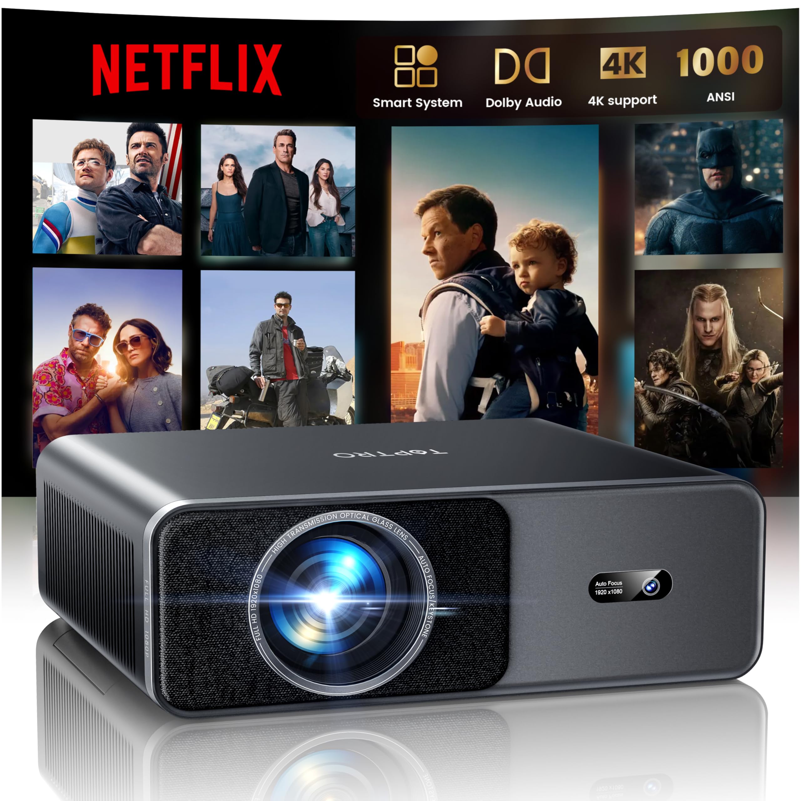 Projector 4K【Integrated Official App/Dolby】 1000ANSI Smart Projector Compatible with Netflix AI Auto Auto/Keystone, Projector1080P Native WiFi 6 Bi-directional BT5.2 Zoom 50% for Home/Outdoor Cinema