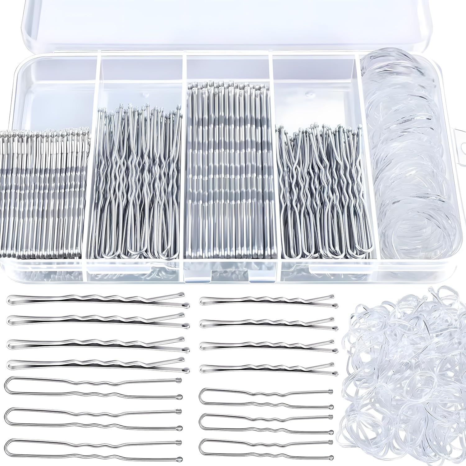 500 Stück Haarnadeln Klein Bobby Pins Set Haarklammern U-förmige Haarnadeln 2inch 2.36inch, Hair Pins 2inch 2.75inch, Durchsichtige Haargummi mit Aufbewahrungsbox für Frauen Mädchen(Silber)