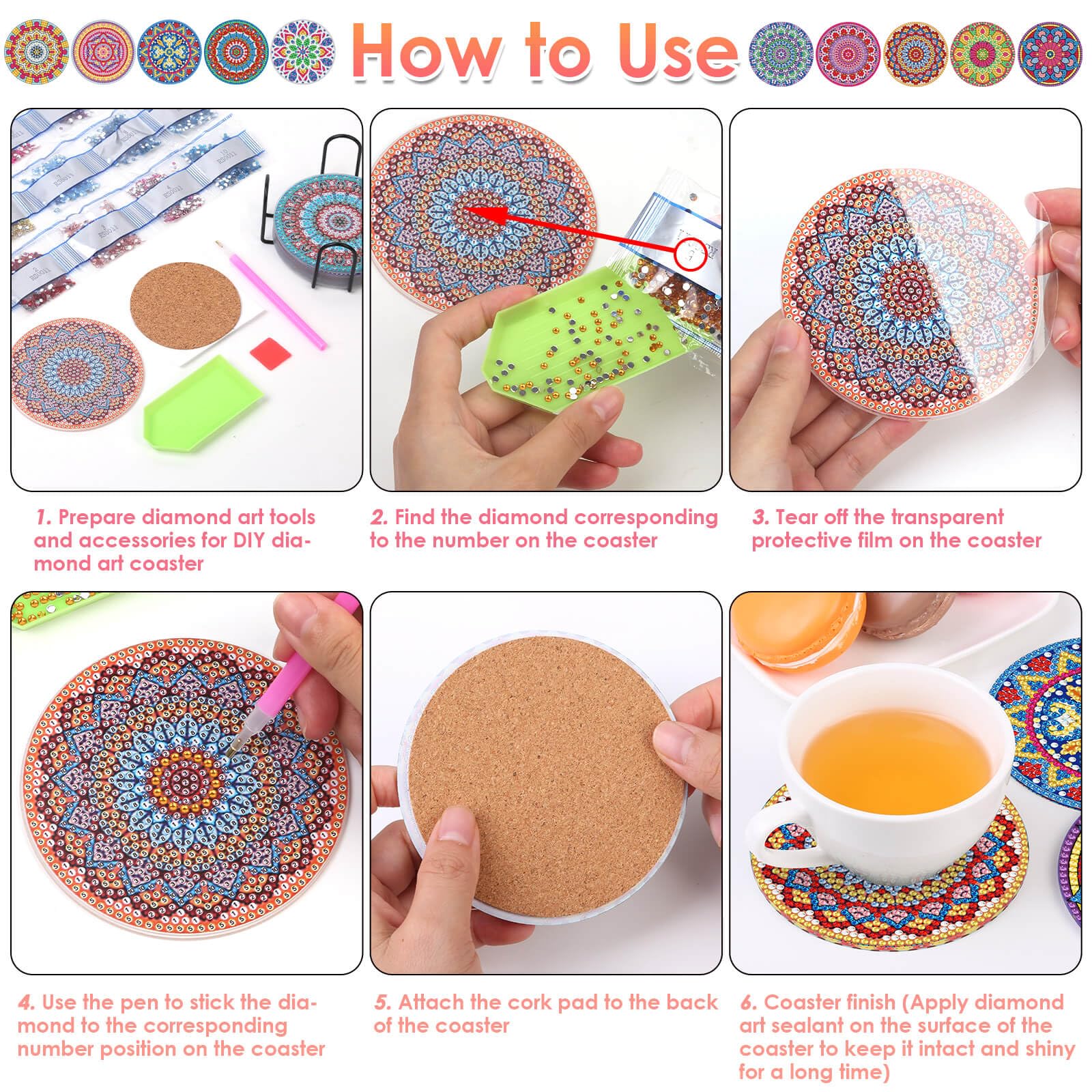 Yosunbim 8 Pcs Diamond Painting Coasters Kit With Holder, DIY Mandal