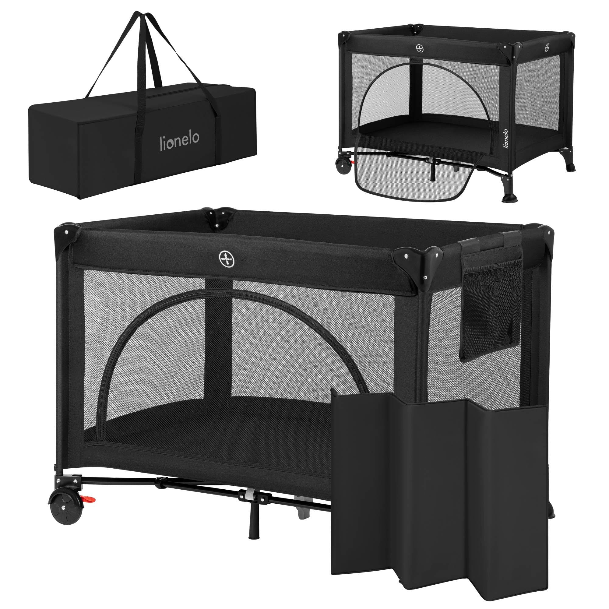 Lionelo Laura 2-in-1 Reisebett bis zu 15 kg Laufgitter von 0 bis 36 Monate Seitlicher Einstieg T25 Schaumstoffmatratze, 2 Höhenstufen, Reisetasche, Räder mit Bremse