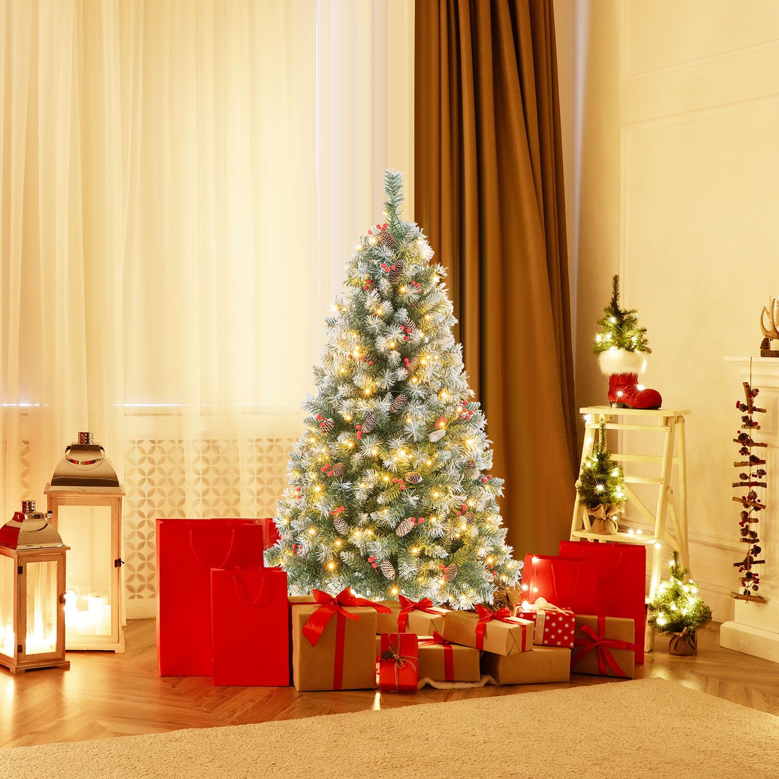 RELAX4LIFE Albero di Natale 150/200CM, Albero di Natale Verde Innevato con 200/420 Luci, 42/69 Pigne e 126/207 Bacche Rosse, Rami Rorte, per Casa e Negozio (200cm)