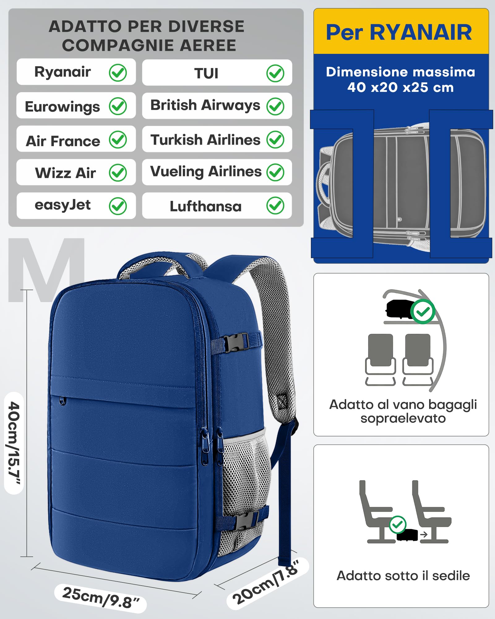 HOTOR Zaino Ryanair 40x20x25 - Zaino da Viaggio Porta PC di Grande Capacità, Multi-Tasca, Bagaglio a Mano Compatibile Ryanair per Uomo e Donna, per Pendolarismo, Viaggi in Aereo e Trekking, Blu Scuro
