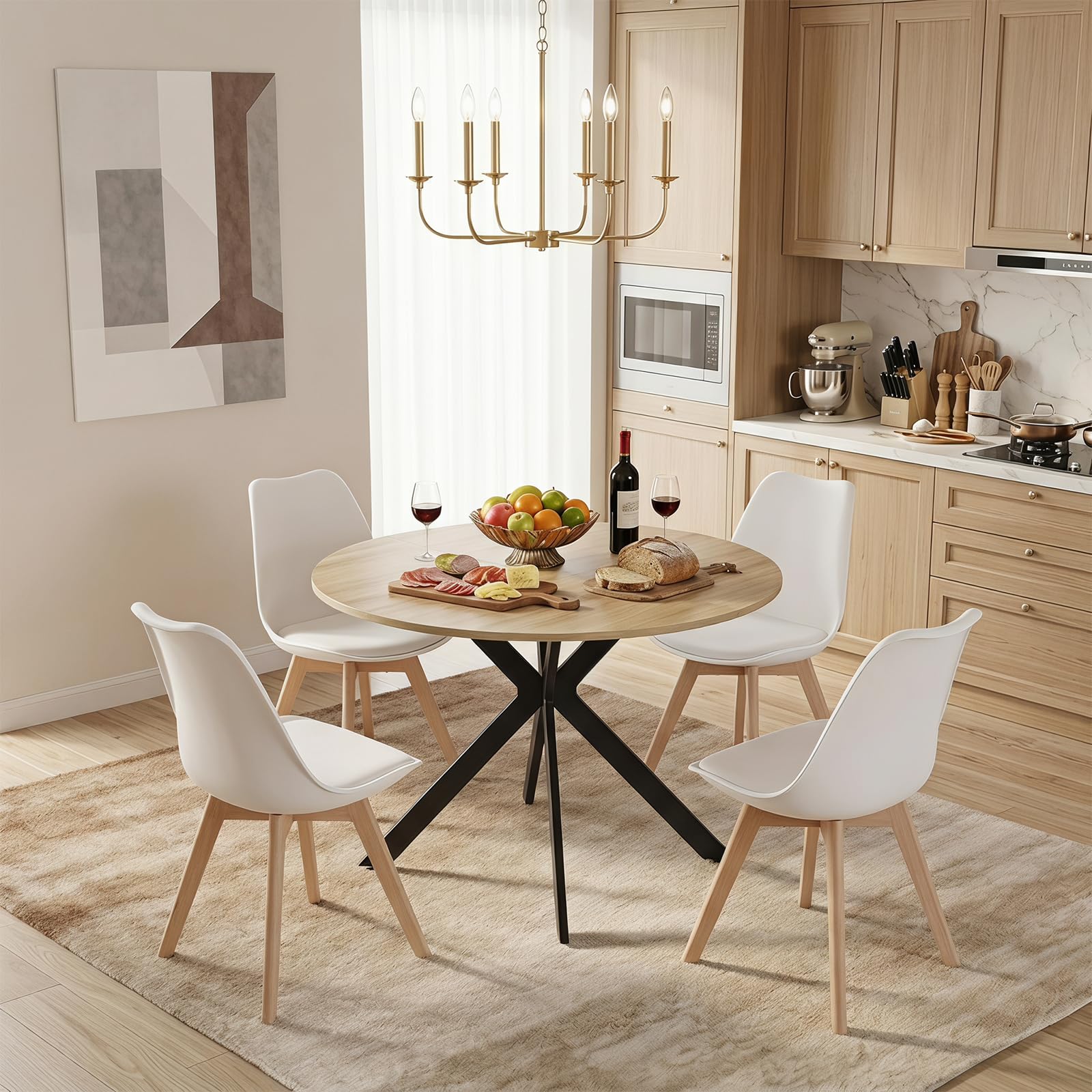 Set de Mesa y Sillas de Comedor, Mesa Redonda 100cm con 4 Sillas Blanco Estilo Escandinavo, Conjunto para Cocina, Salón o Comedor, Medidas: Mesa 100x100x75 cm, Sillas 56×46×82 cm
