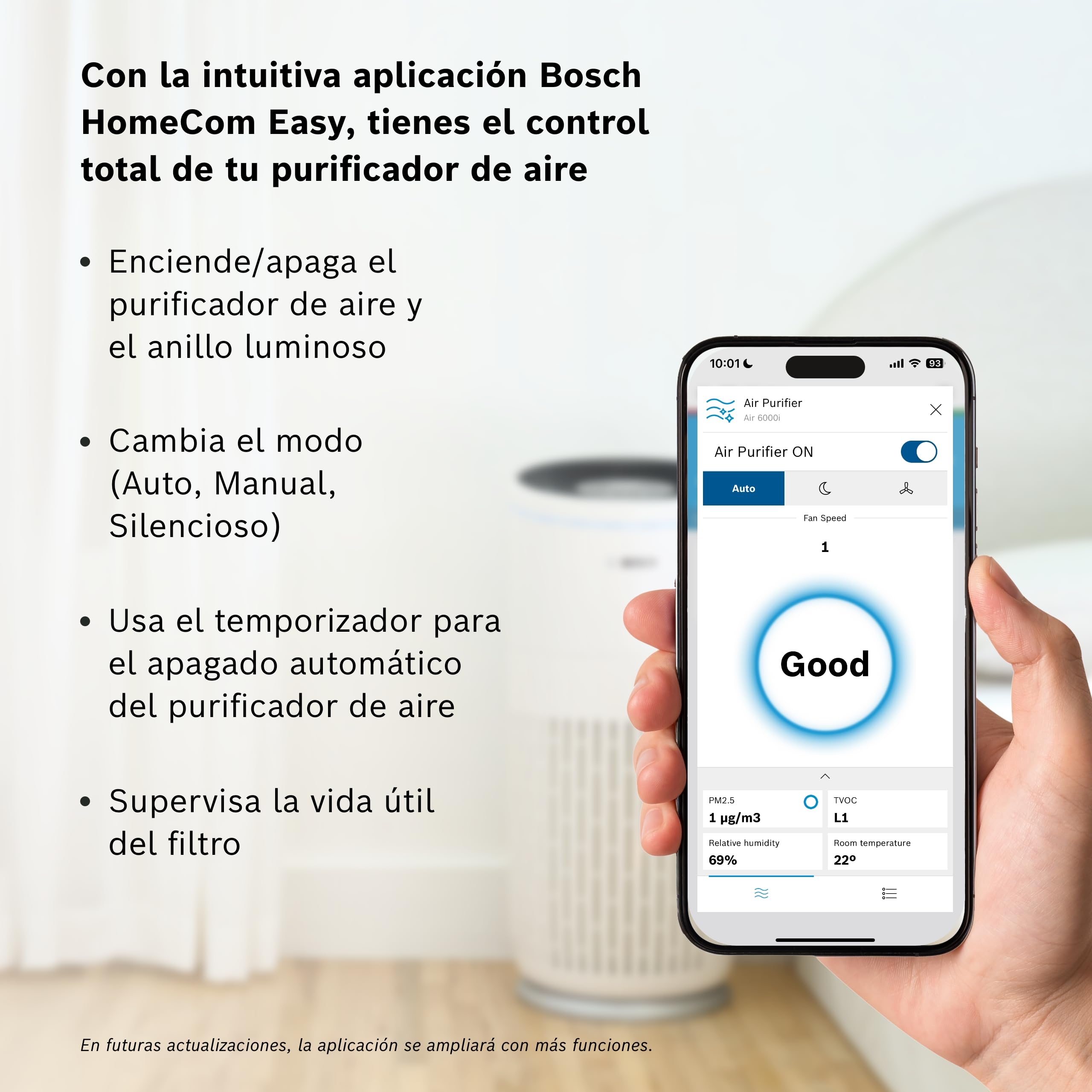 Bosch Air 6000i, Purificador de Aire con App, Hasta 125 m² | Con Filtro de Aire 4 en 1, Sensor Inteligente, Modo Automático, Modo Silencioso (< 25 dB(A)), CADR: 600 m³/h