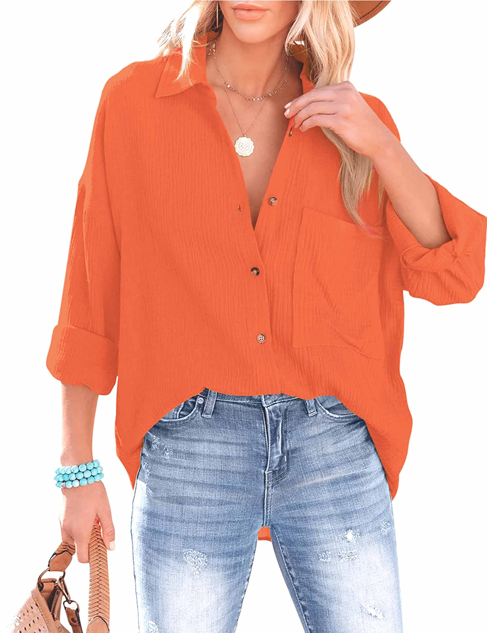 Wanzetaly Women's Button Down Shirts Cotton Oversized Dress Shirts Work Blouses Casual Tops with Pocket