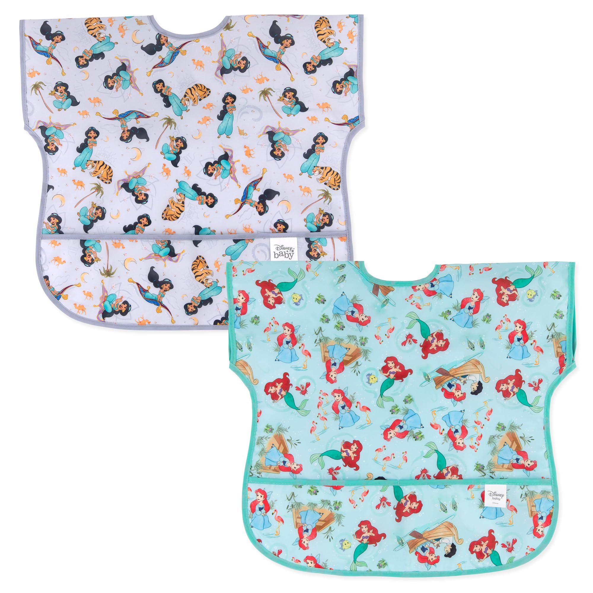 Bumkins Disney Short Sleeve Bib for Girl or Boy, Toddler and Kids for 1-3 Years, Large Size, Essential Must Have for Junior Children, Eating, Mess Saving Soft Fabric Apron, Ariel and Jasmine 2-pack