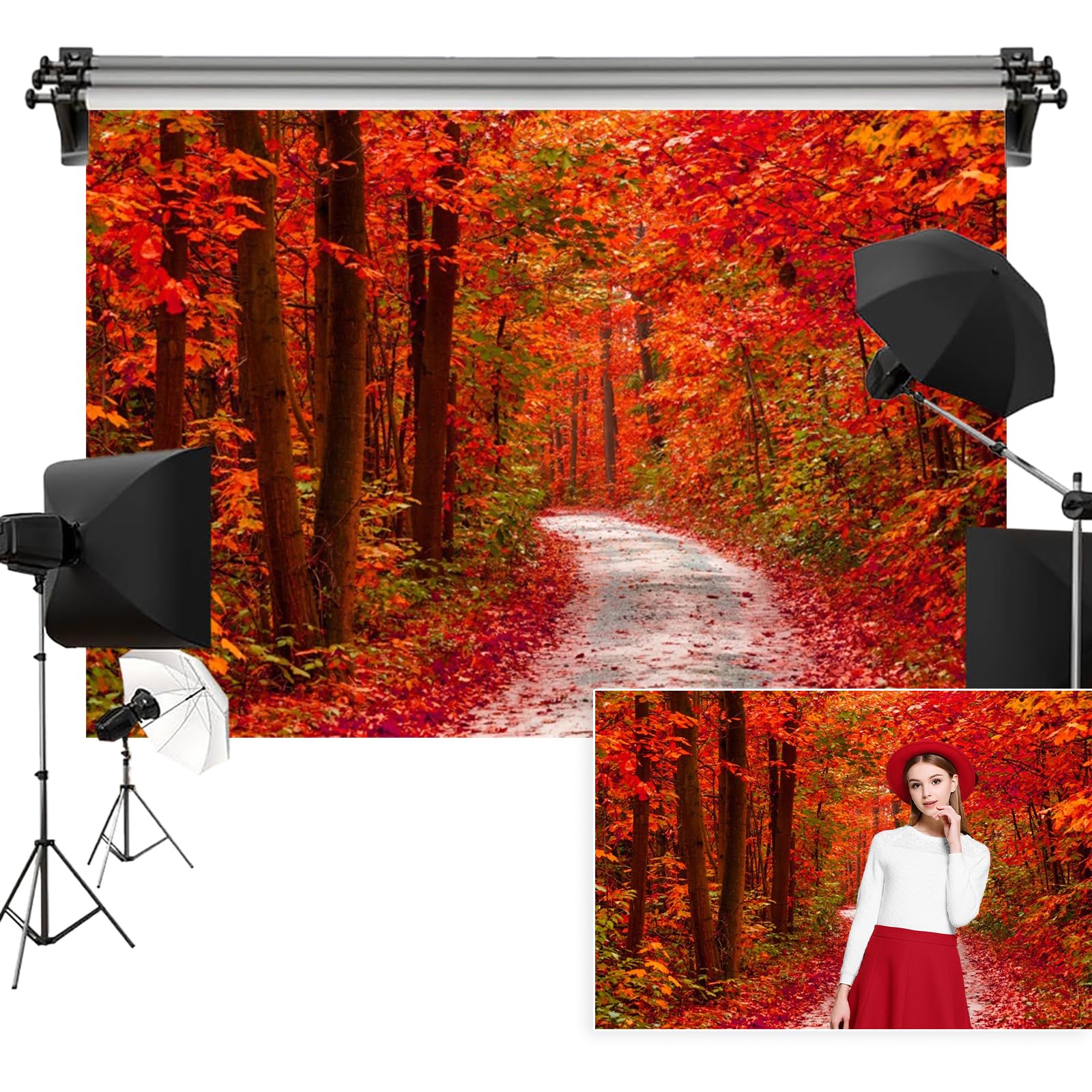 Vie Savaran 7x5ft Maple Tree Backdrop Autumn Forest Pathway Red Leaves Deciduous Nature Landscape Fall Photography Background Harvest Party Camping