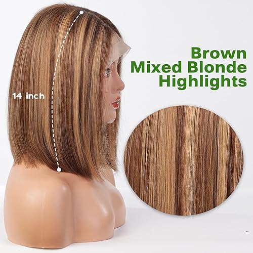 Miniatura 3 de Pelucas rubias con reflejos estilo Bob para mujer, longitud al hombro, peluca de encaje de cabello humano con raíces oscuras